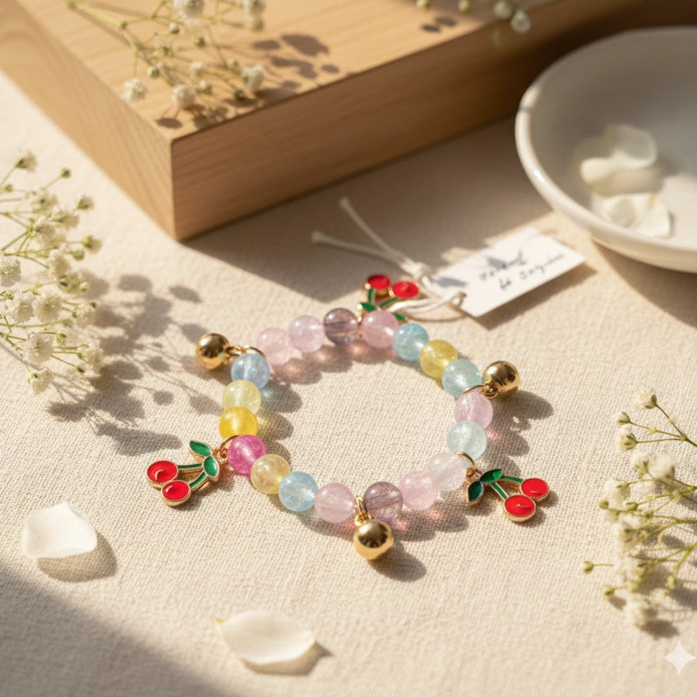 Colorful Beaded Cherry Charm Bracelet