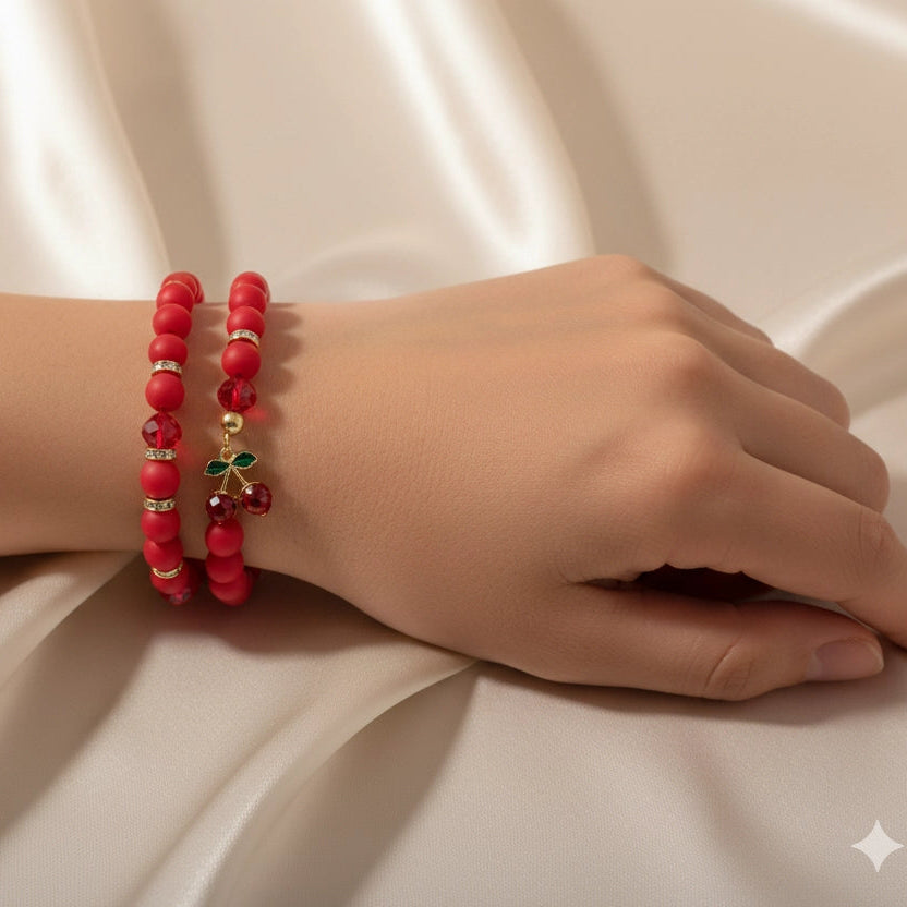 Red Cherry Charm Beaded Bracelet