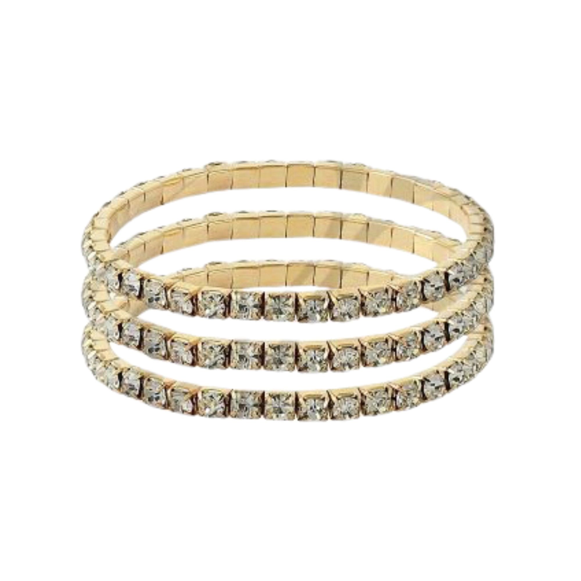 Gold Silver Triple Row Rhinestone Stretch Bracelet