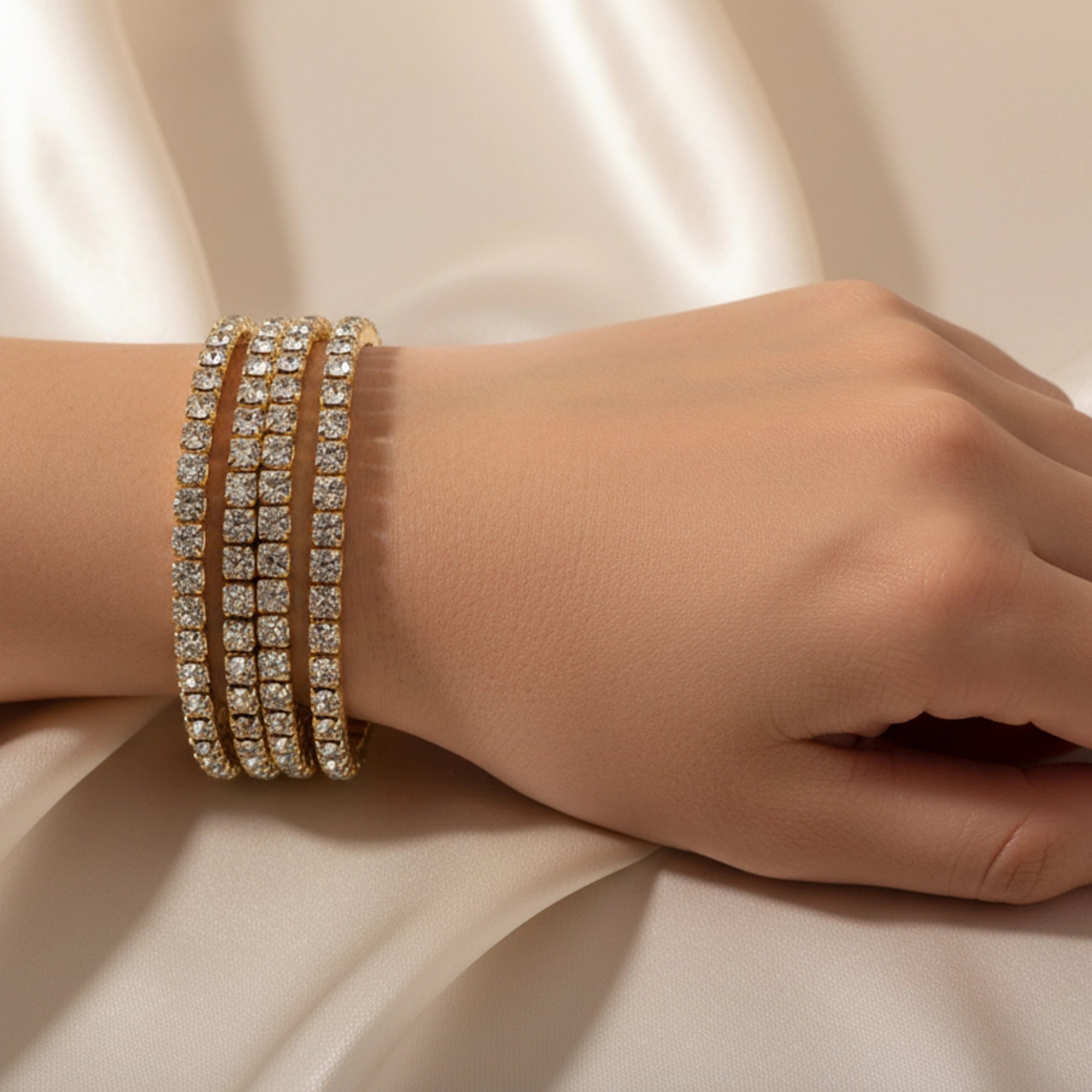 Gold Silver Triple Row Rhinestone Stretch Bracelet