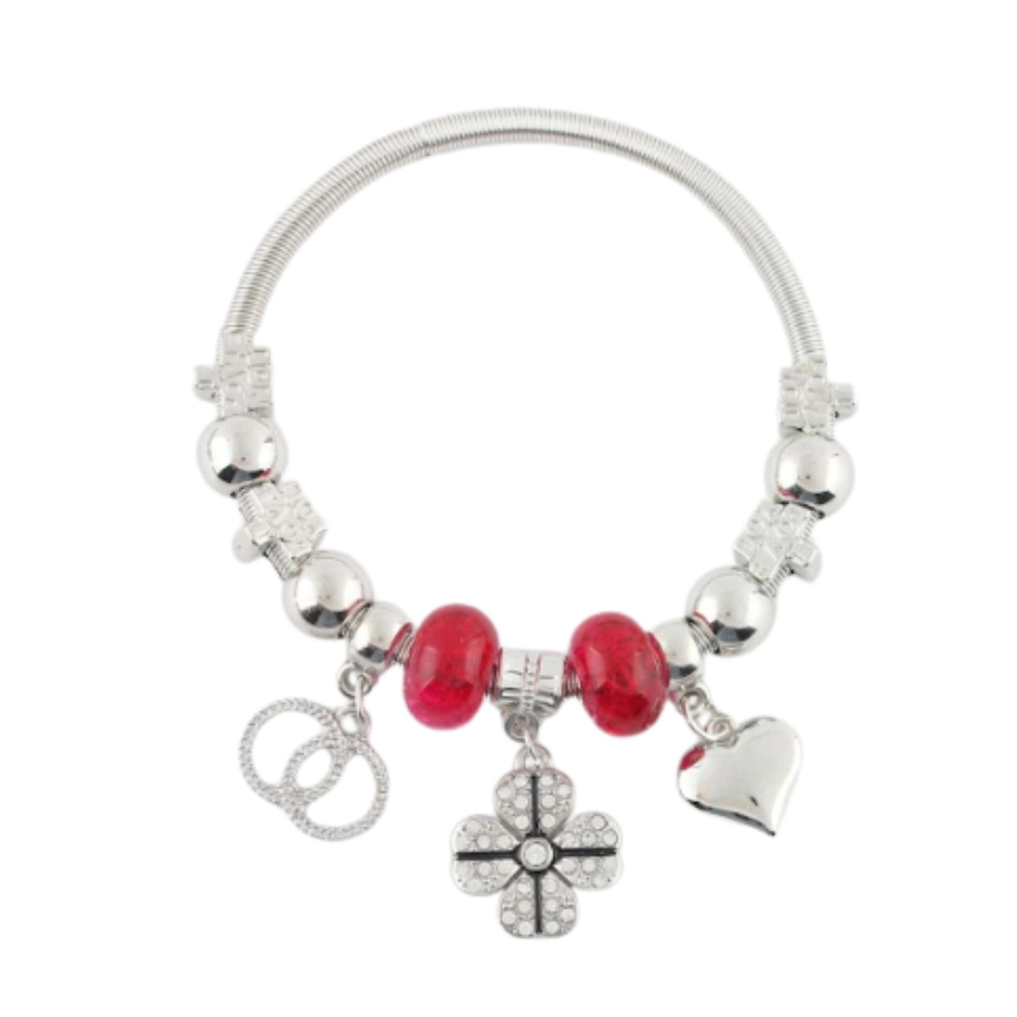 Silver Charm Bangle Bracelet with Beads – Heart & Flower Charms