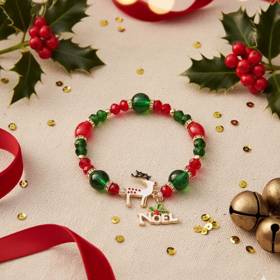 Christmas Beaded Bracelet – Red & Green Noel Reindeer Charm Holiday Jewelry