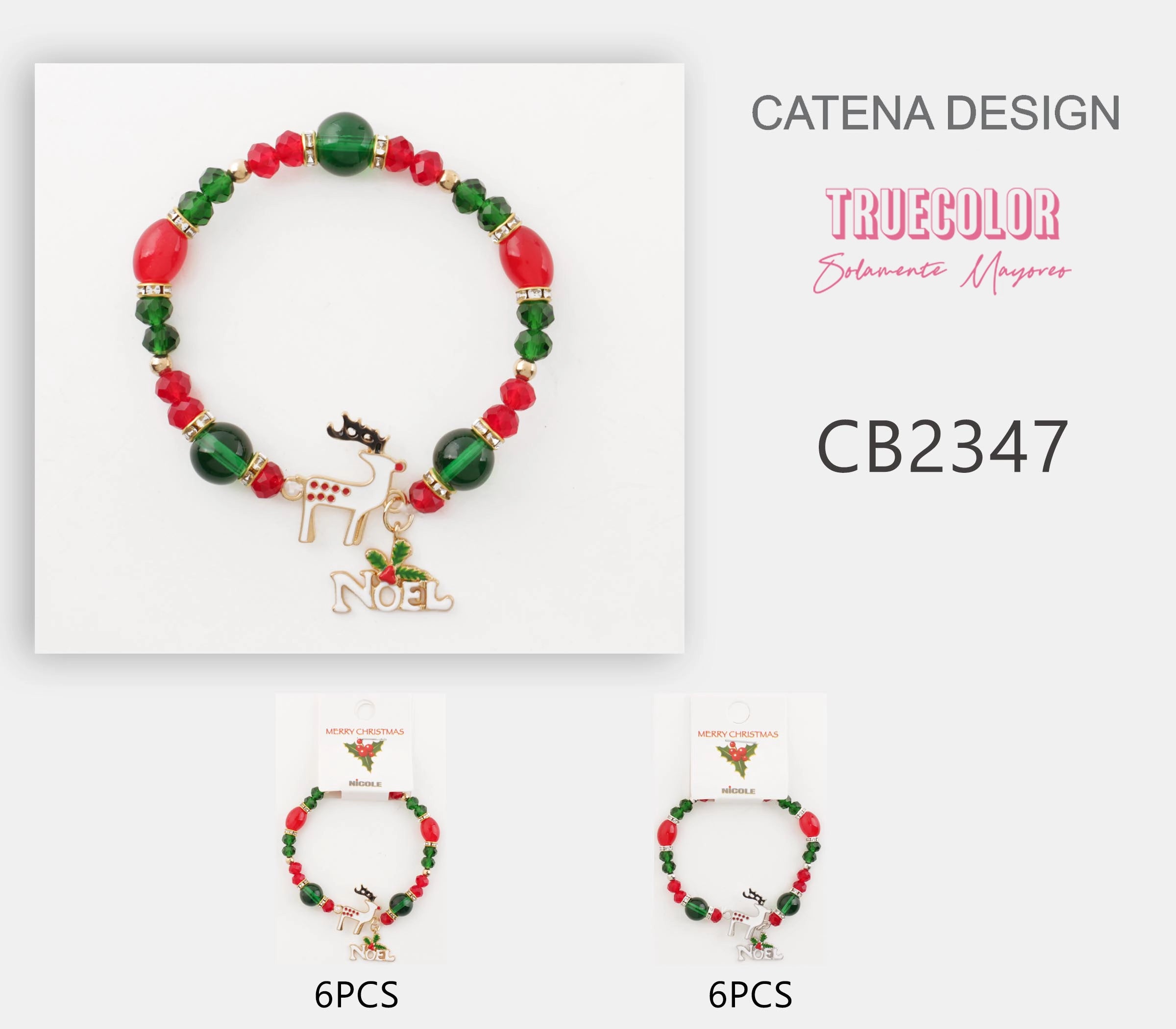 Christmas Beaded Bracelet – Red & Green Noel Reindeer Charm Holiday Jewelry