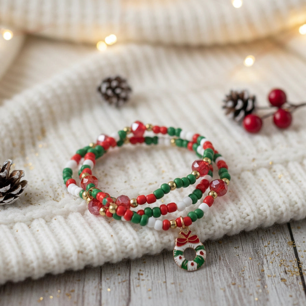 Christmas Beaded Charm Bracelet – 3pc Bracelet Christmas wreath pendant
