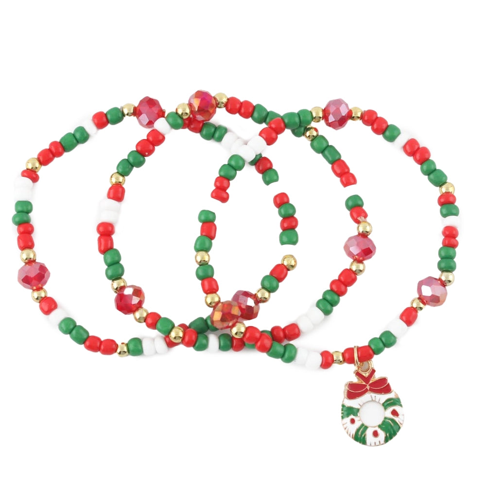 Christmas Beaded Charm Bracelet – 3pc Bracelet Christmas wreath pendant