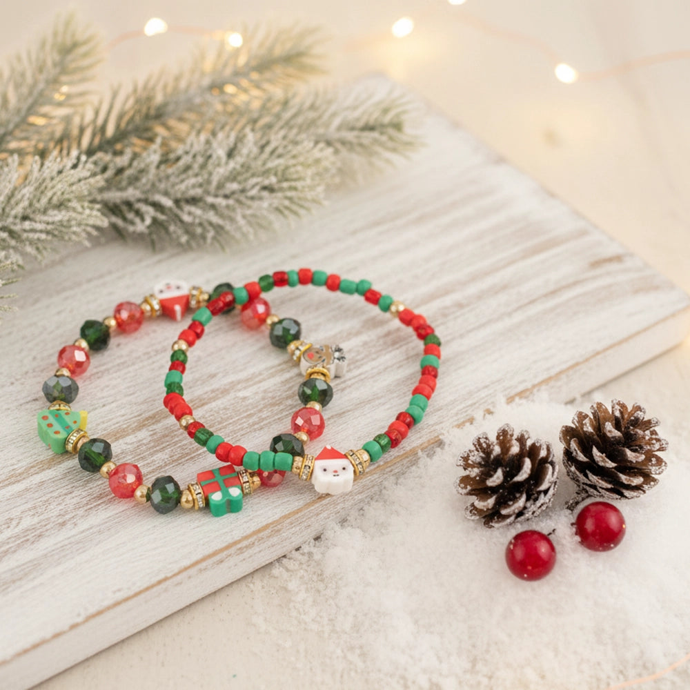 Christmas Beaded Charm Bracelet – Santa face, a deer, a Christmas tree, and a present.