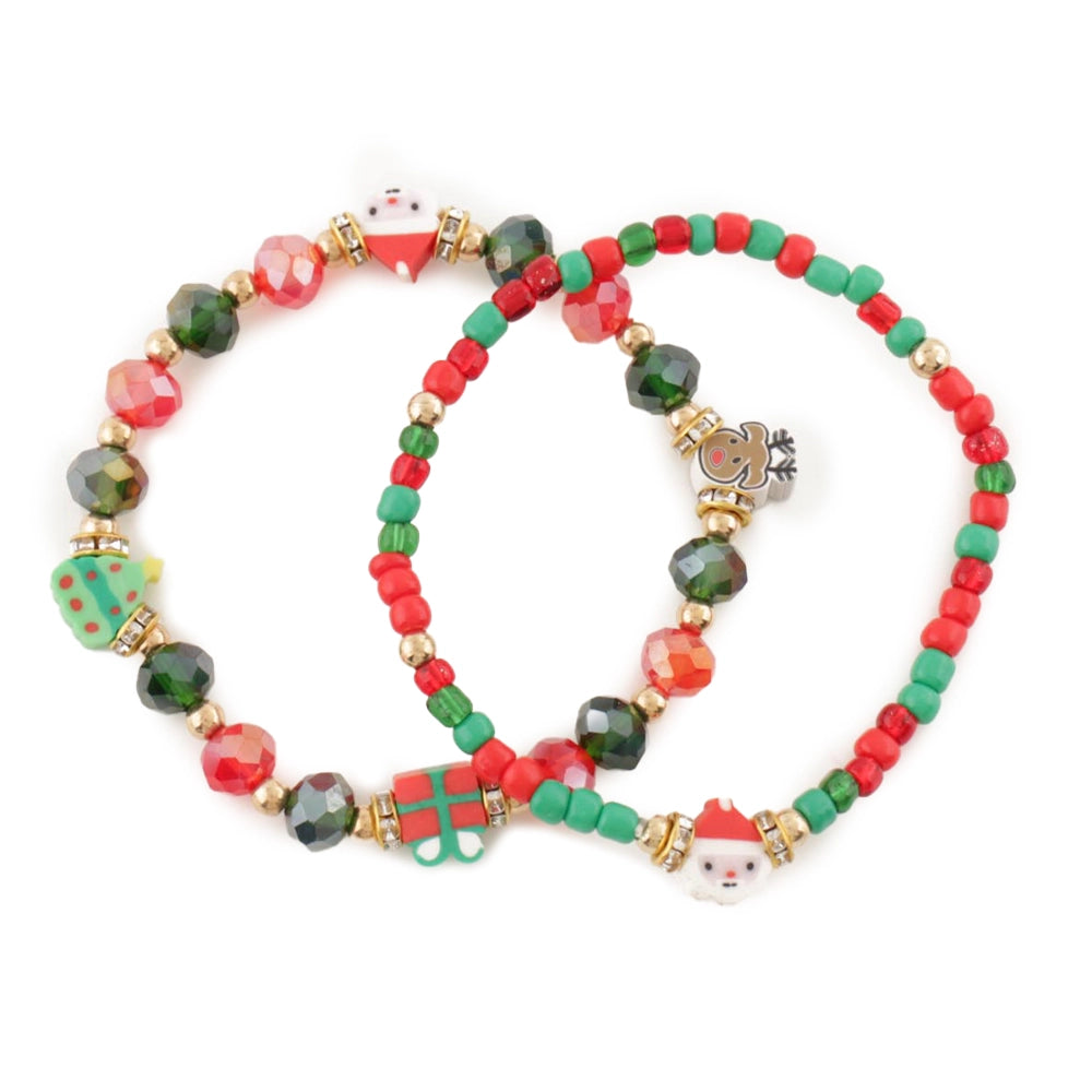 Christmas Beaded Charm Bracelet – Santa face, a deer, a Christmas tree, and a present.