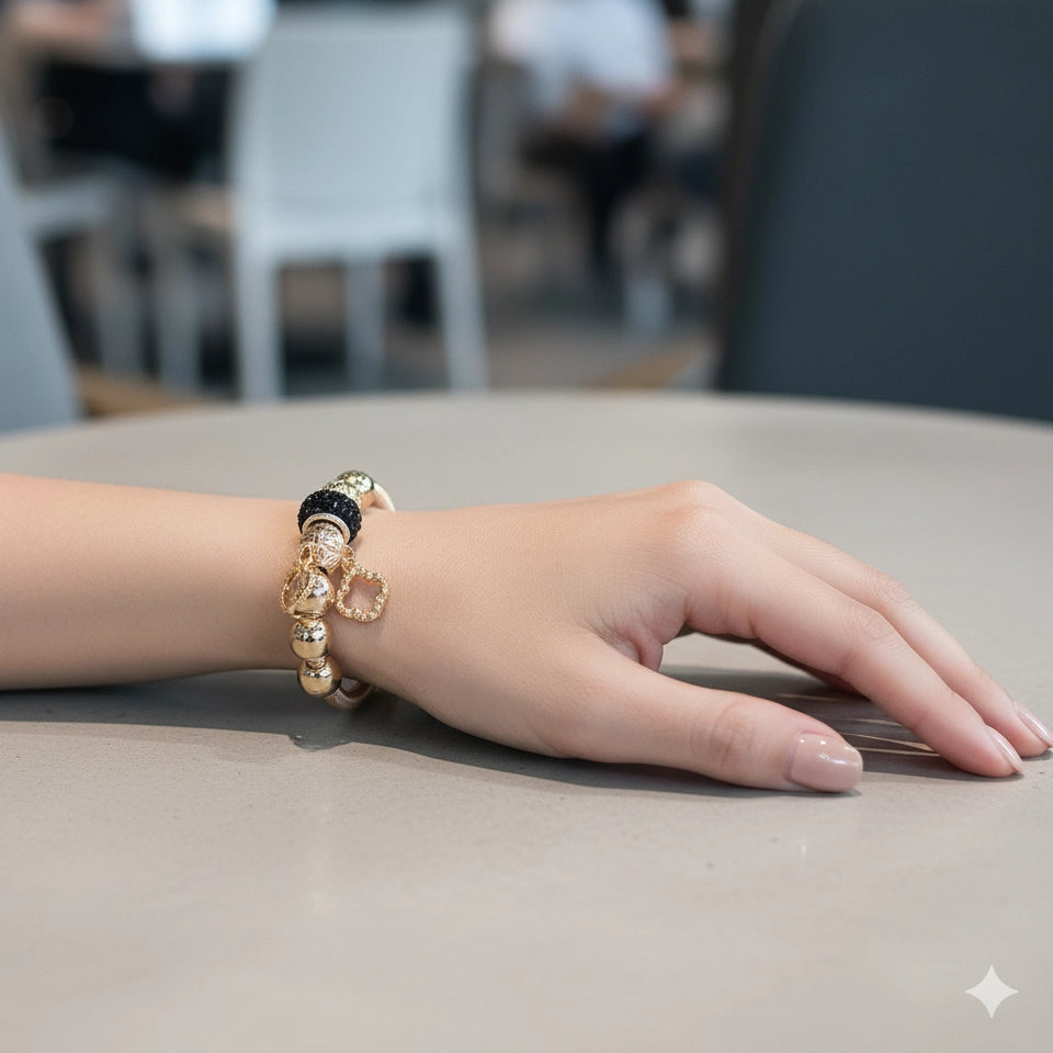 Luxury Look Clover Charm Bracelet - Black Pave Bangle.