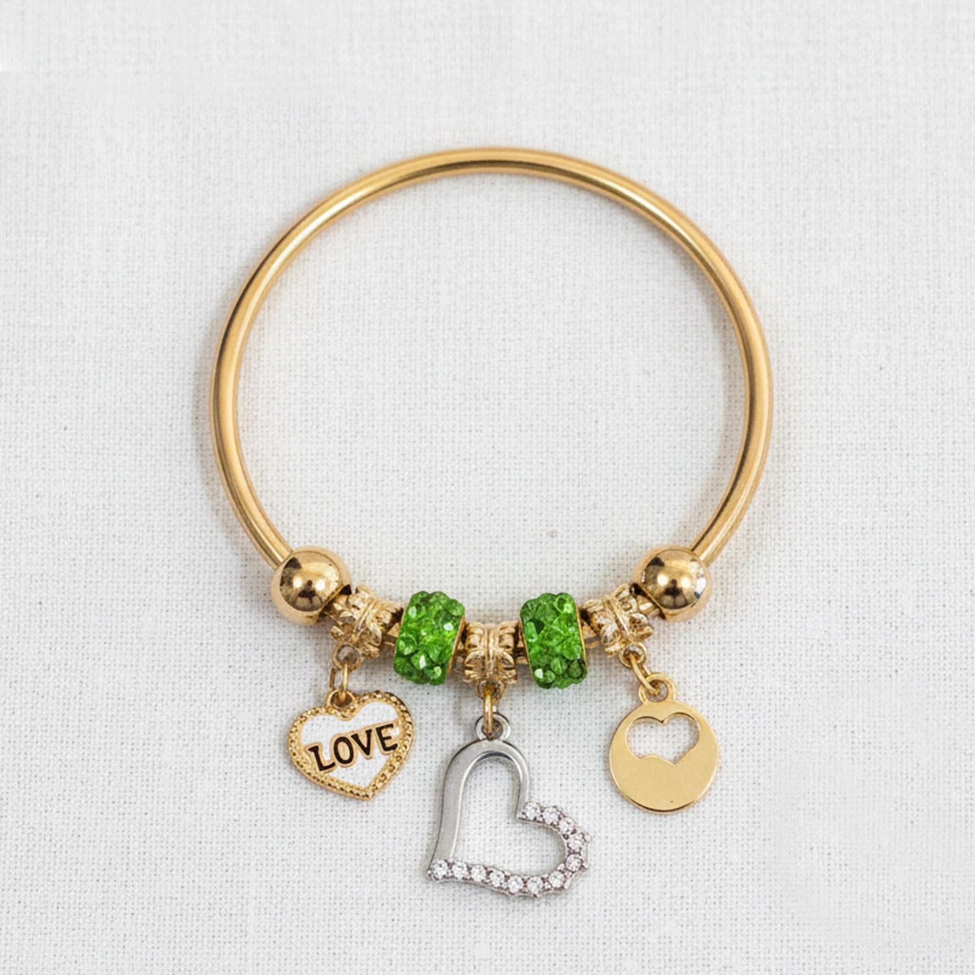 Heart Charm Bangle with Green Crystal Accents