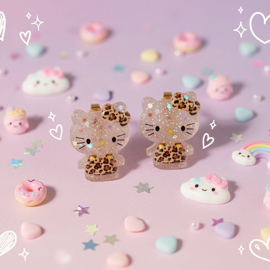 Kawaii Krew: Glitter Leopard Cat Stud Earrings