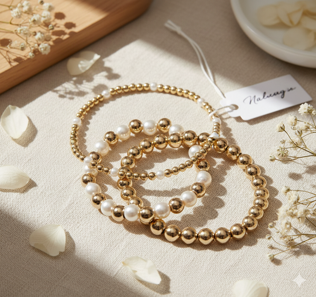 Crystal Collection Metallic & Pearl Beaded Bracelet Set – 3-Piece Stackable Set