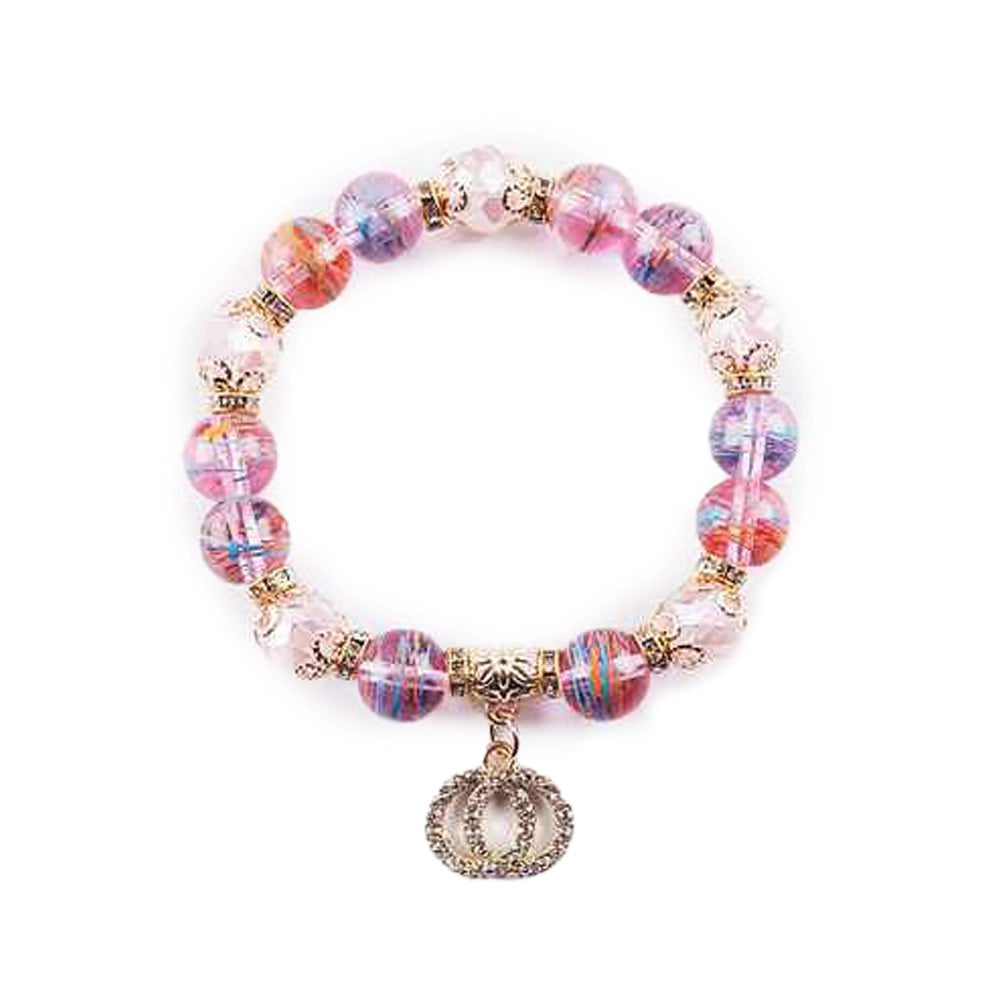 Iridescent Beaded Bracelet with Crown Charm – Sparkling Stretch Bracelet for Women