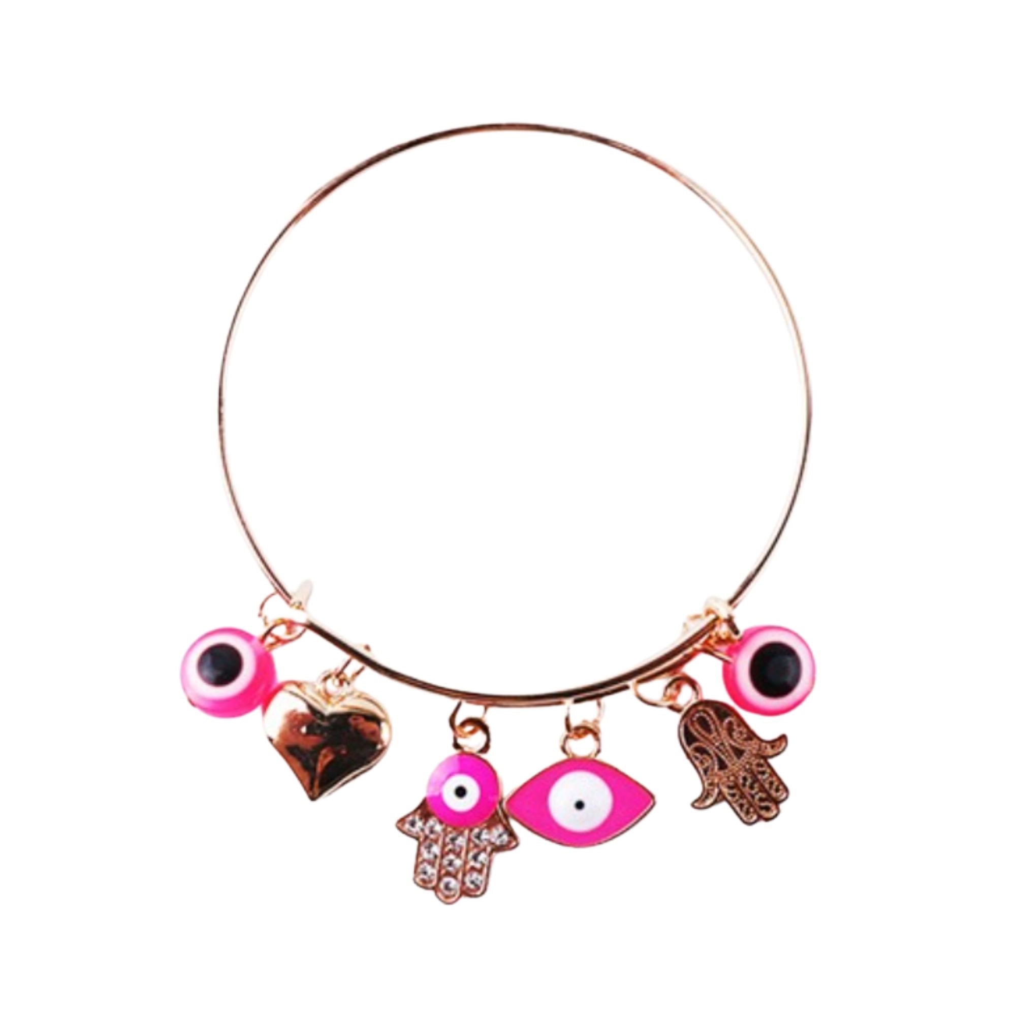 Pink Evil Eye & Hamsa Charm Bangle in Gold-Tone