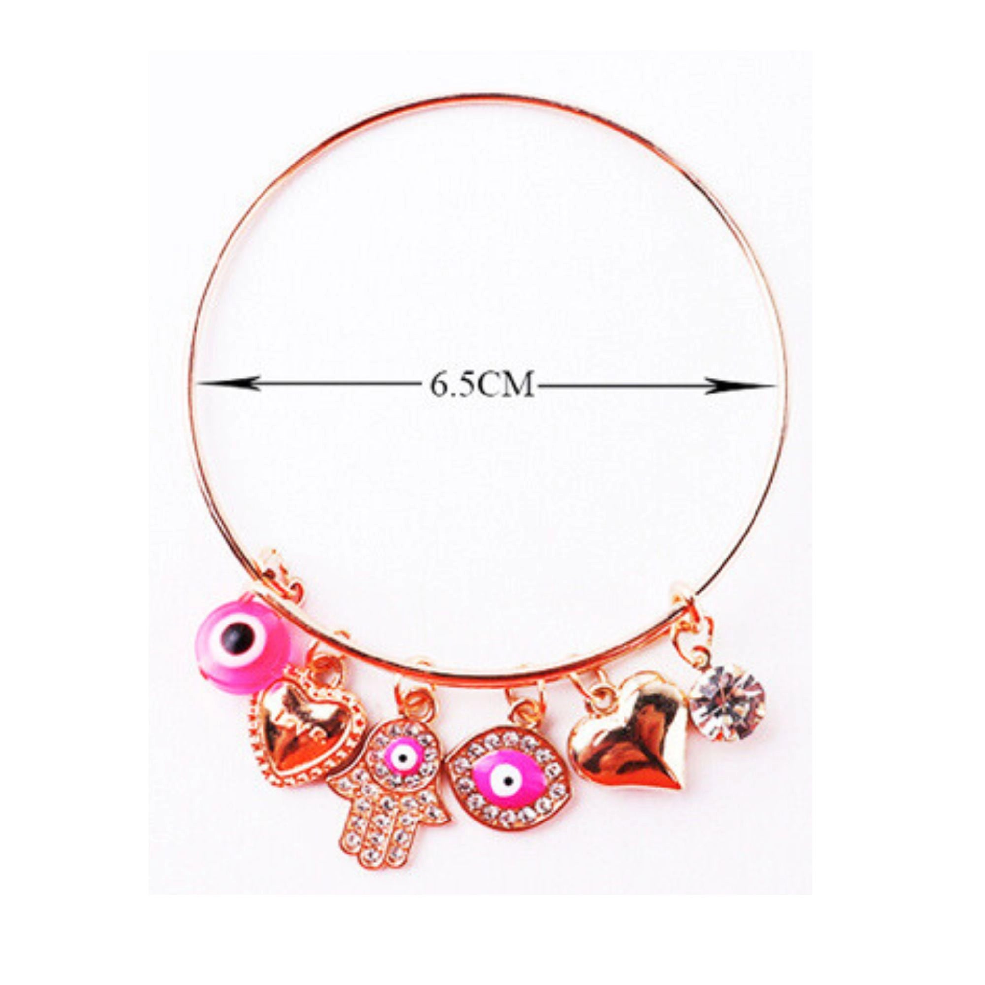 Love & Luck: Pink Evil Eye, Hamsa Hand, and Heart Bangle.