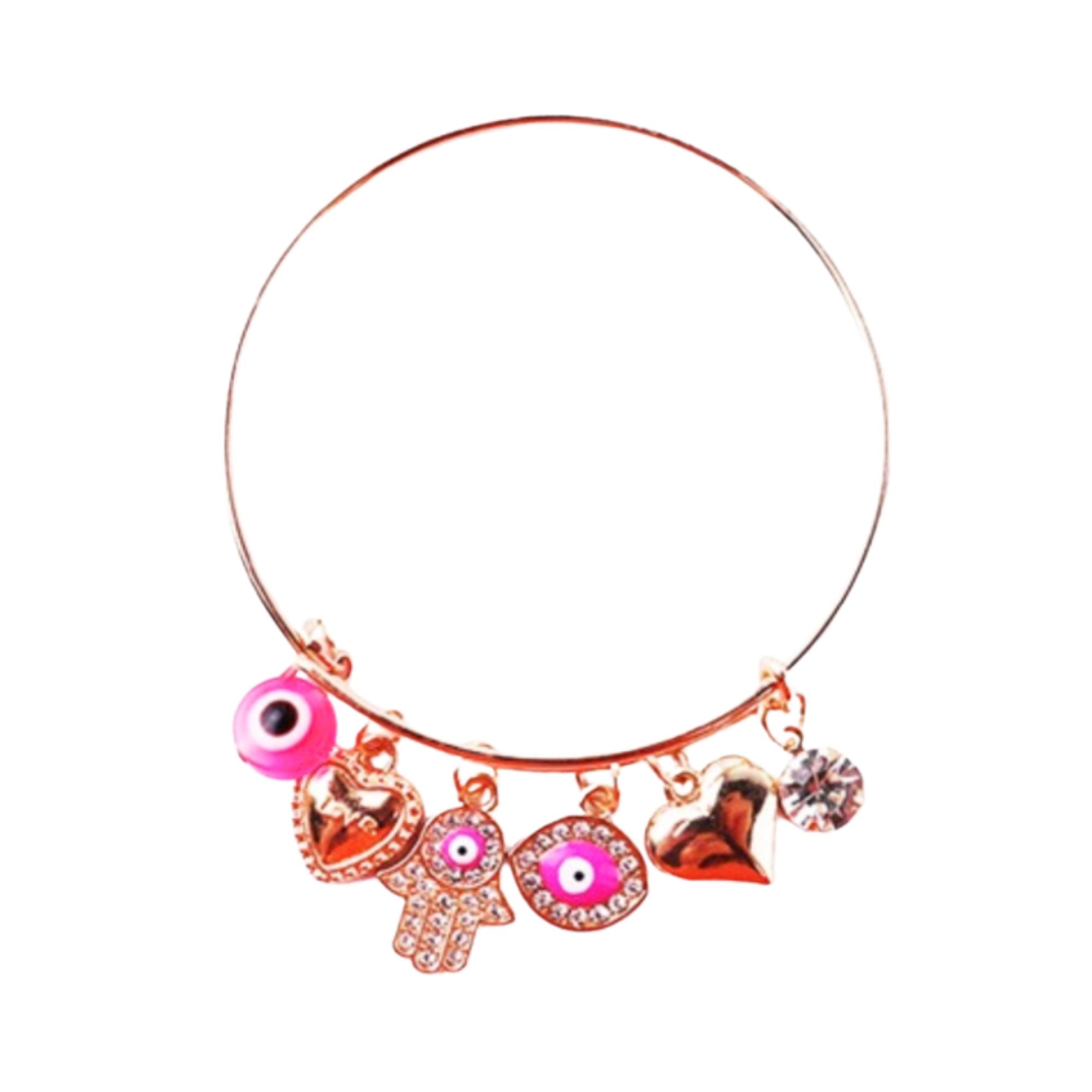 Love & Luck: Pink Evil Eye, Hamsa Hand, and Heart Bangle.