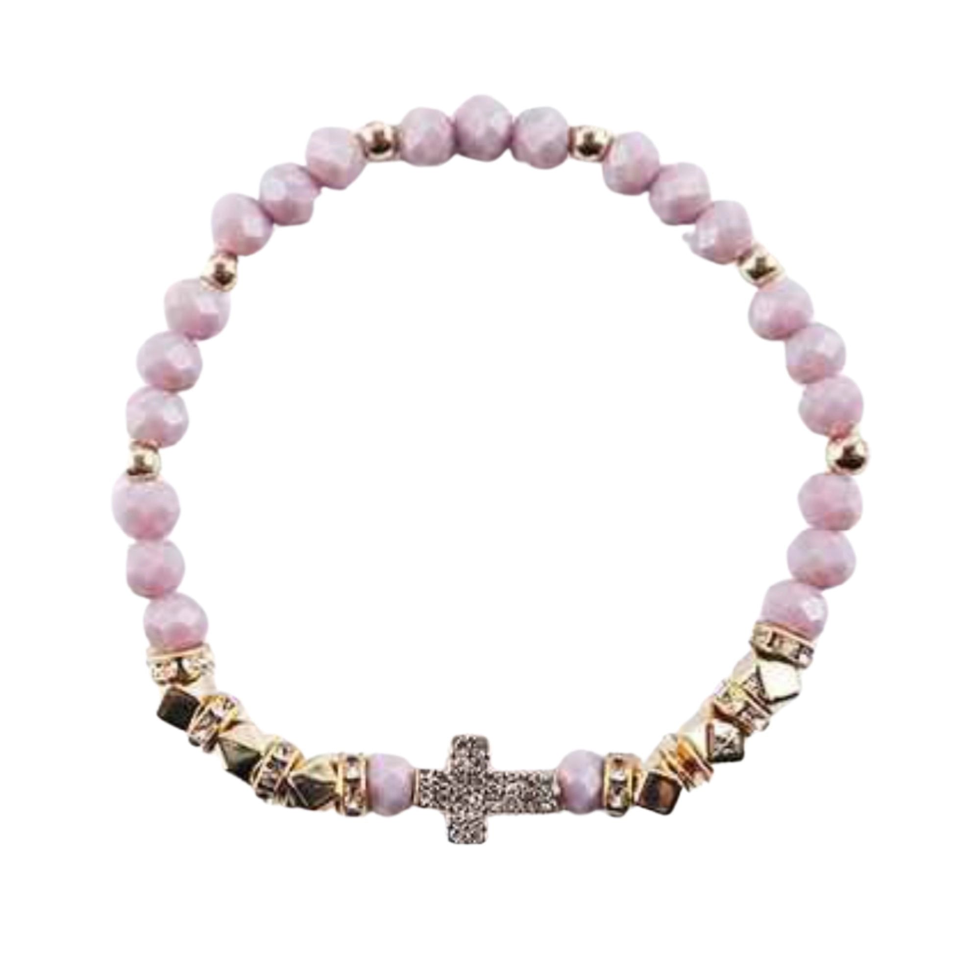 Beaded Cross Stretch Bracelet – Gold Accents & Rhinestone Detail