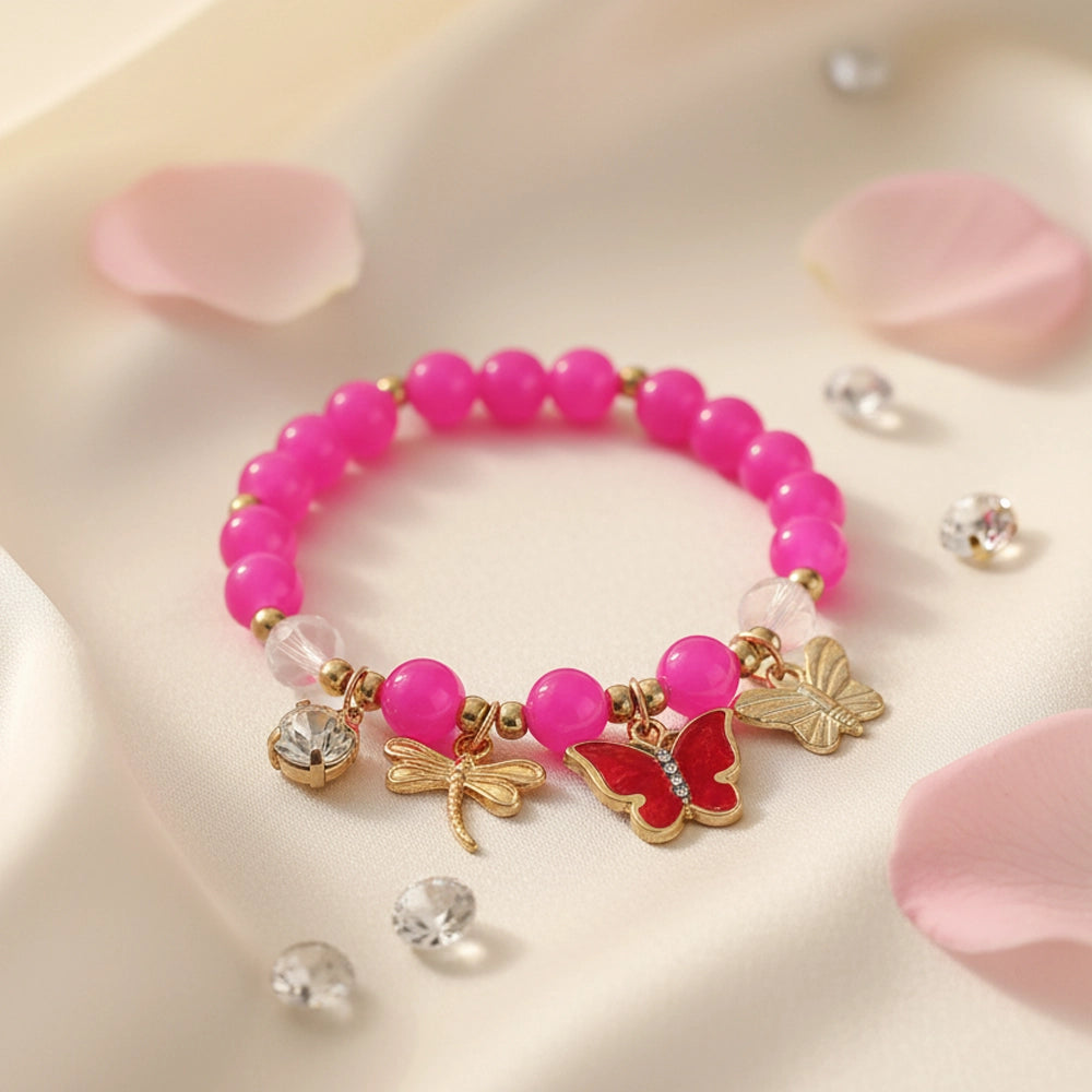 Beaded Charm Bracelet for Girls - Butterfly & Dragonfly Dangles Bright Colors