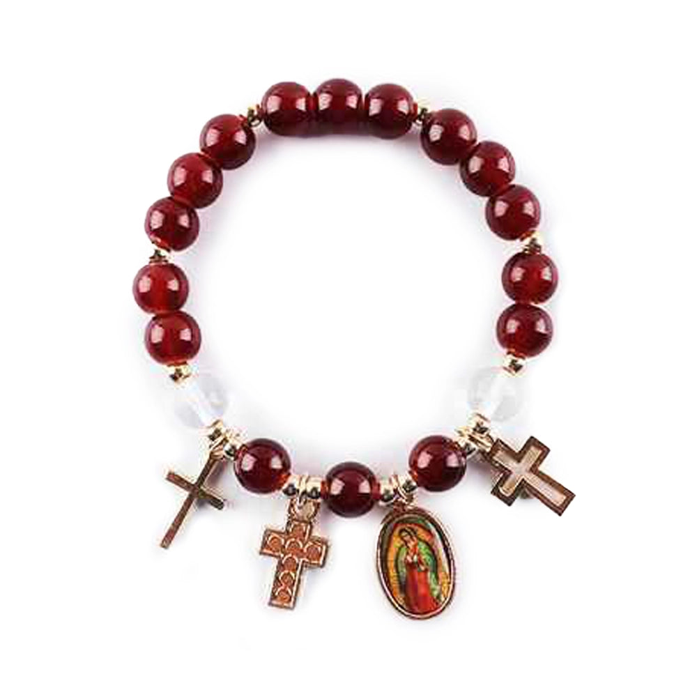 Beaded Religious Charm Bracelet – Cross and Saint Medal Stretch Bracelet for Women