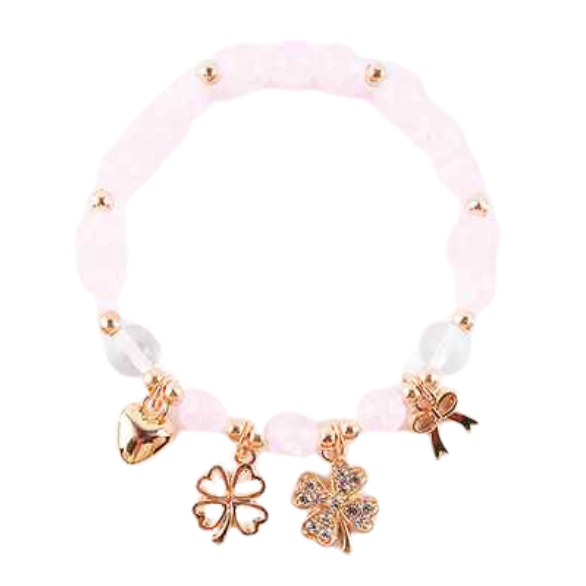 Beaded Charm Bracelet with Clover and Heart Charms – Lucky Stretch Bracelet for Women