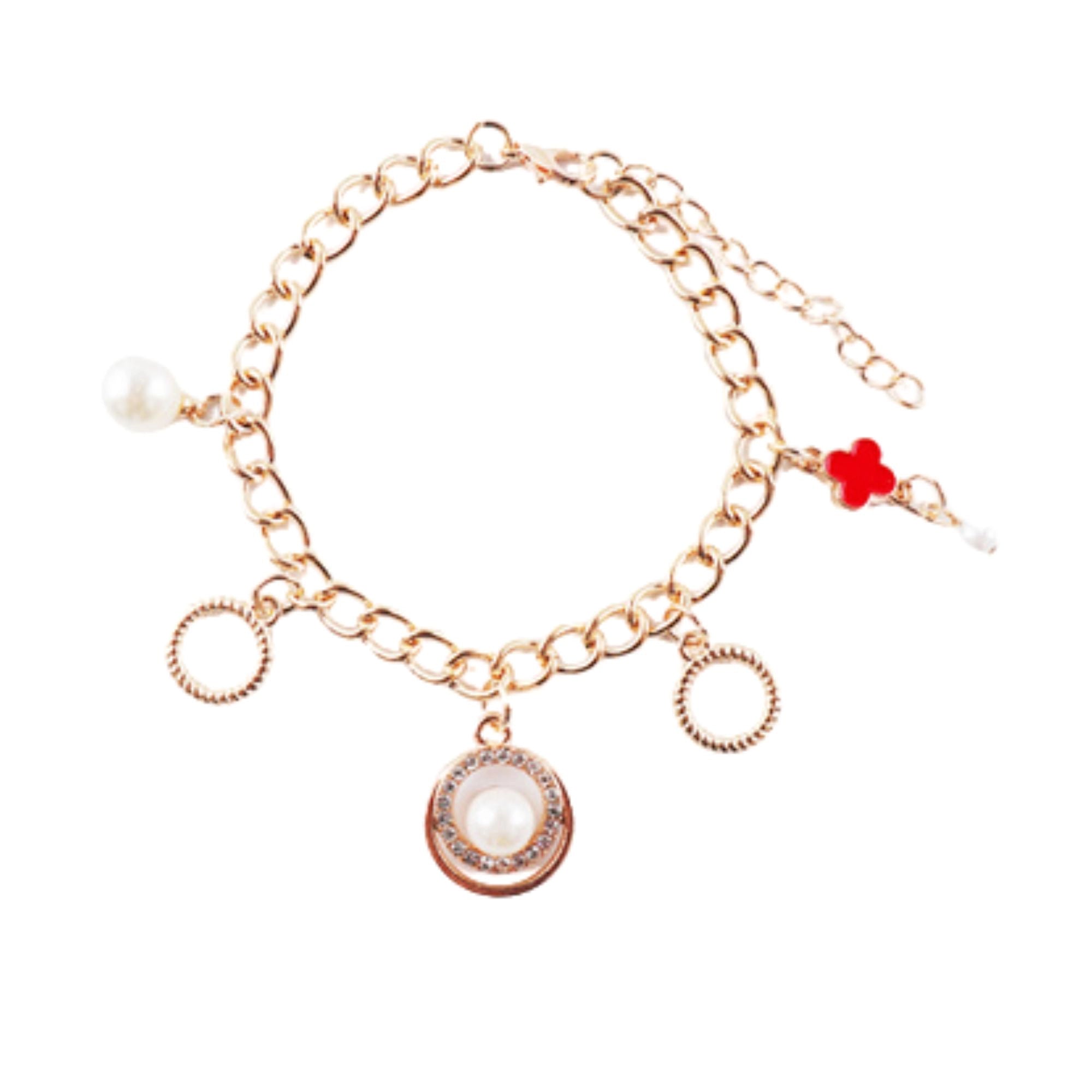 Elegant Charm Chain Bracelet - Pearl, Clover & Pave Accents