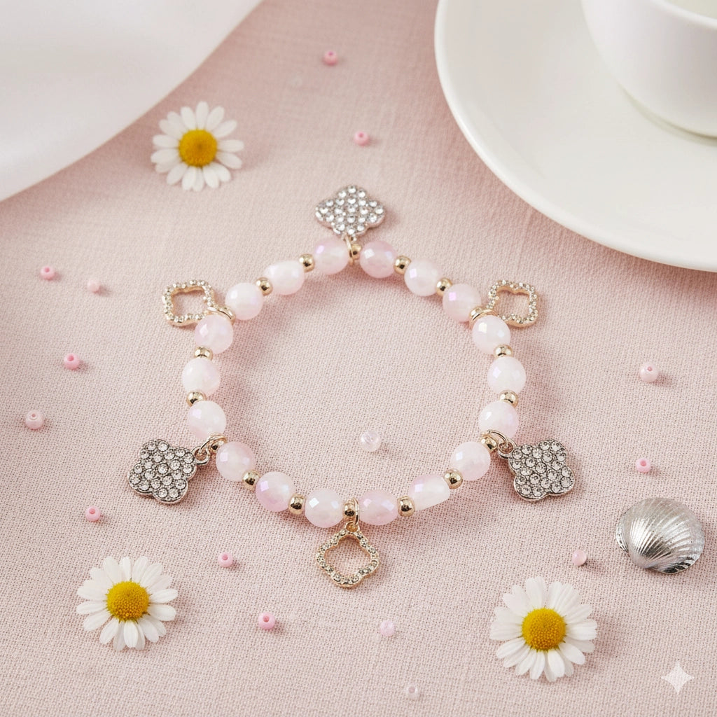 Beaded Clover Charm Bracelet – Sparkling Rhinestone Accents