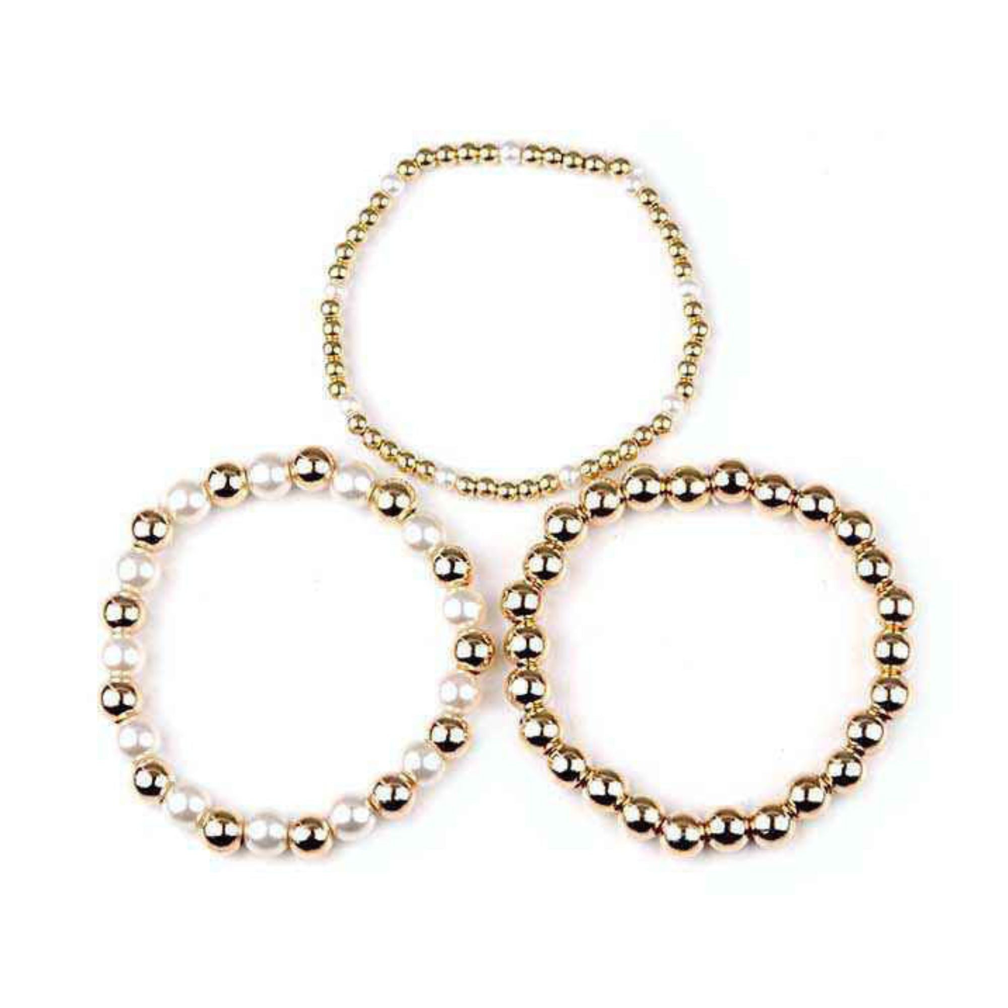 Crystal Collection Metallic & Pearl Beaded Bracelet Set – 3-Piece Stackable Set