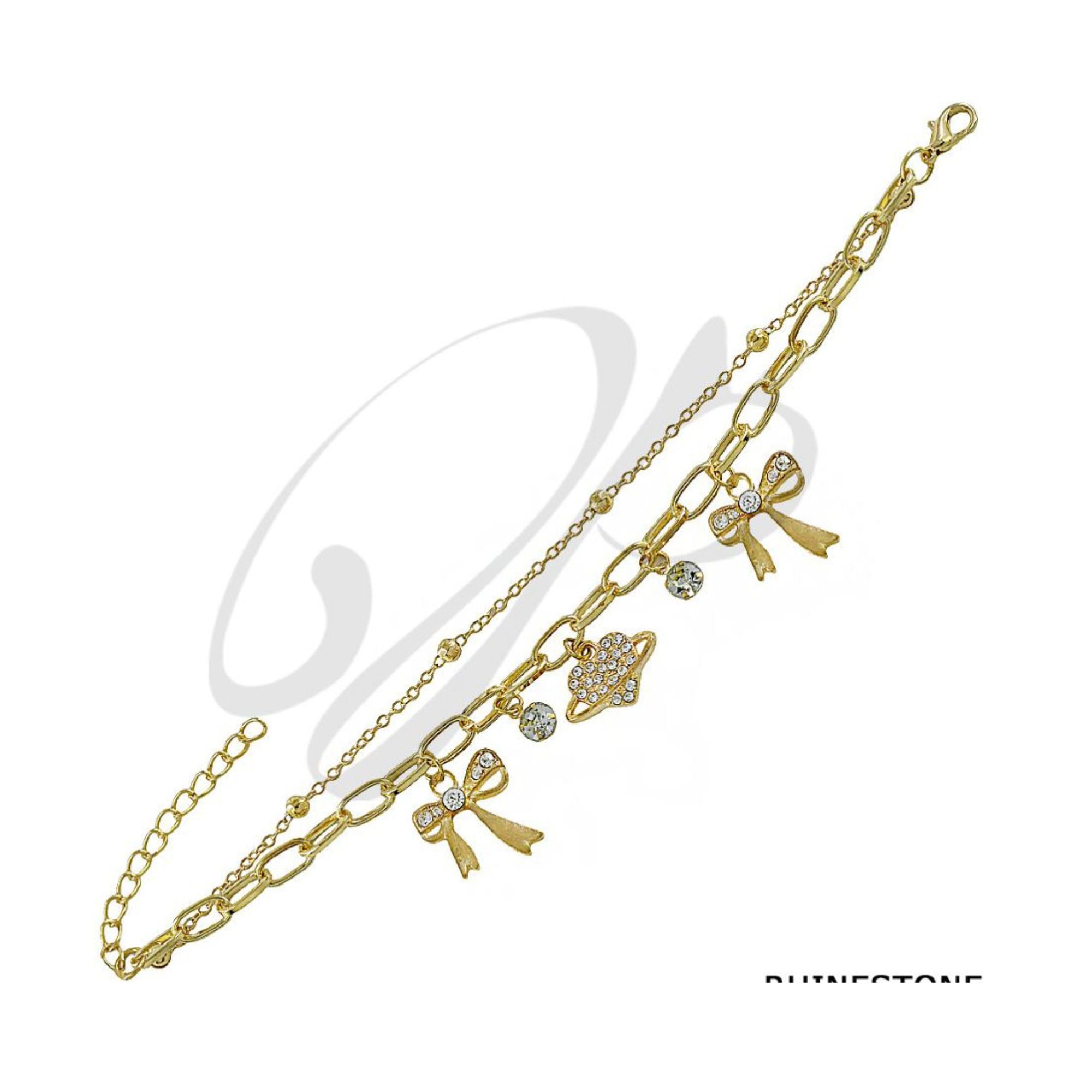 Dainty Gold Layered Charm Bracelet - Rhinestone Bows and Planet