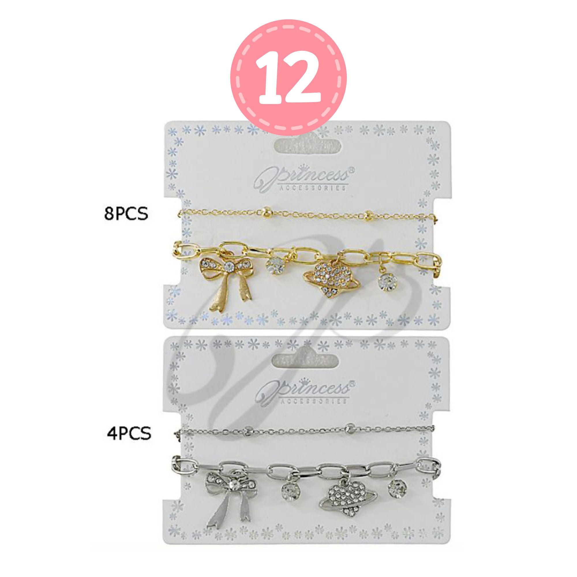 Dainty Gold Layered Charm Bracelet - Rhinestone Bows and Planet