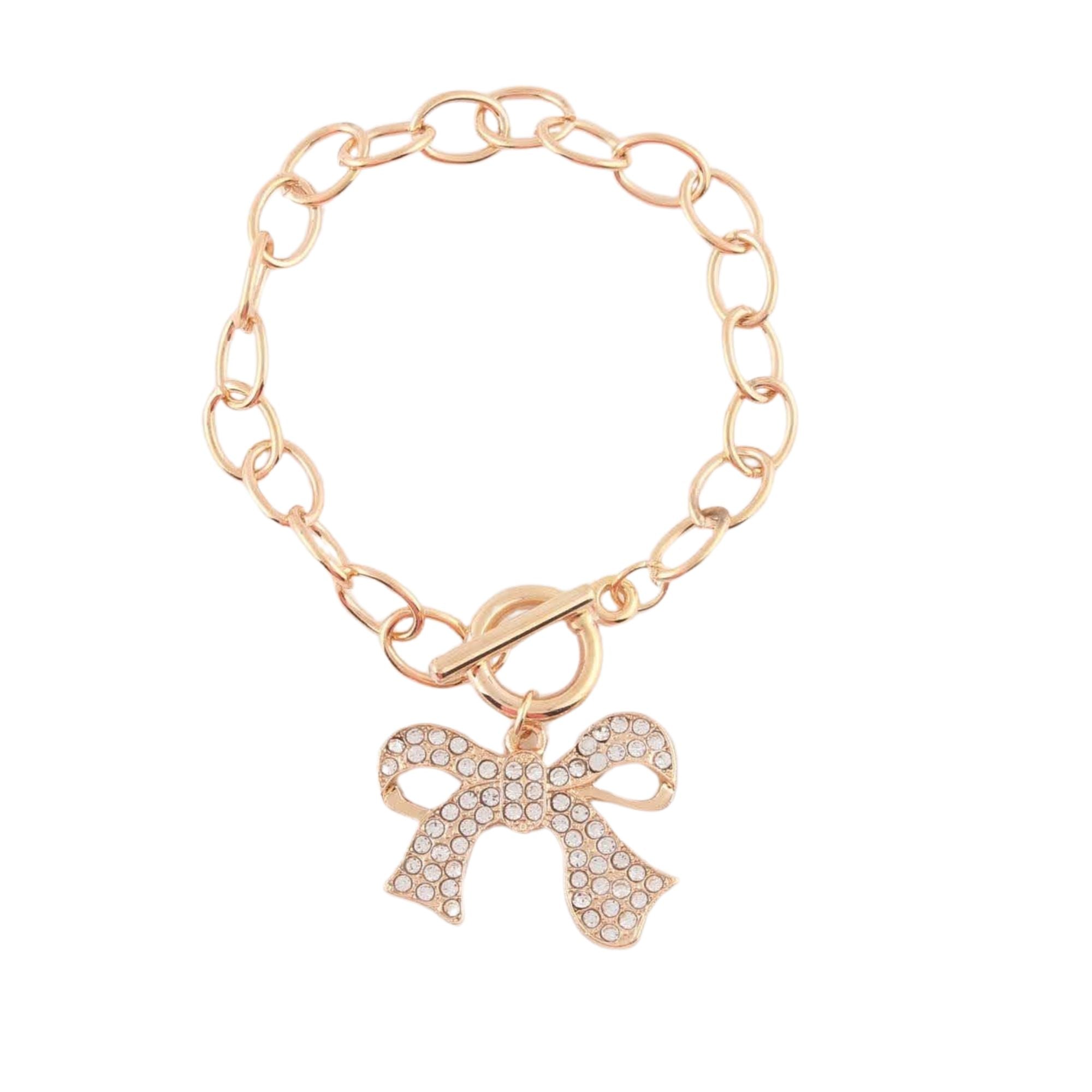 Bold Glam: Crystal Bow Charm Bracelet with Chunky Chain