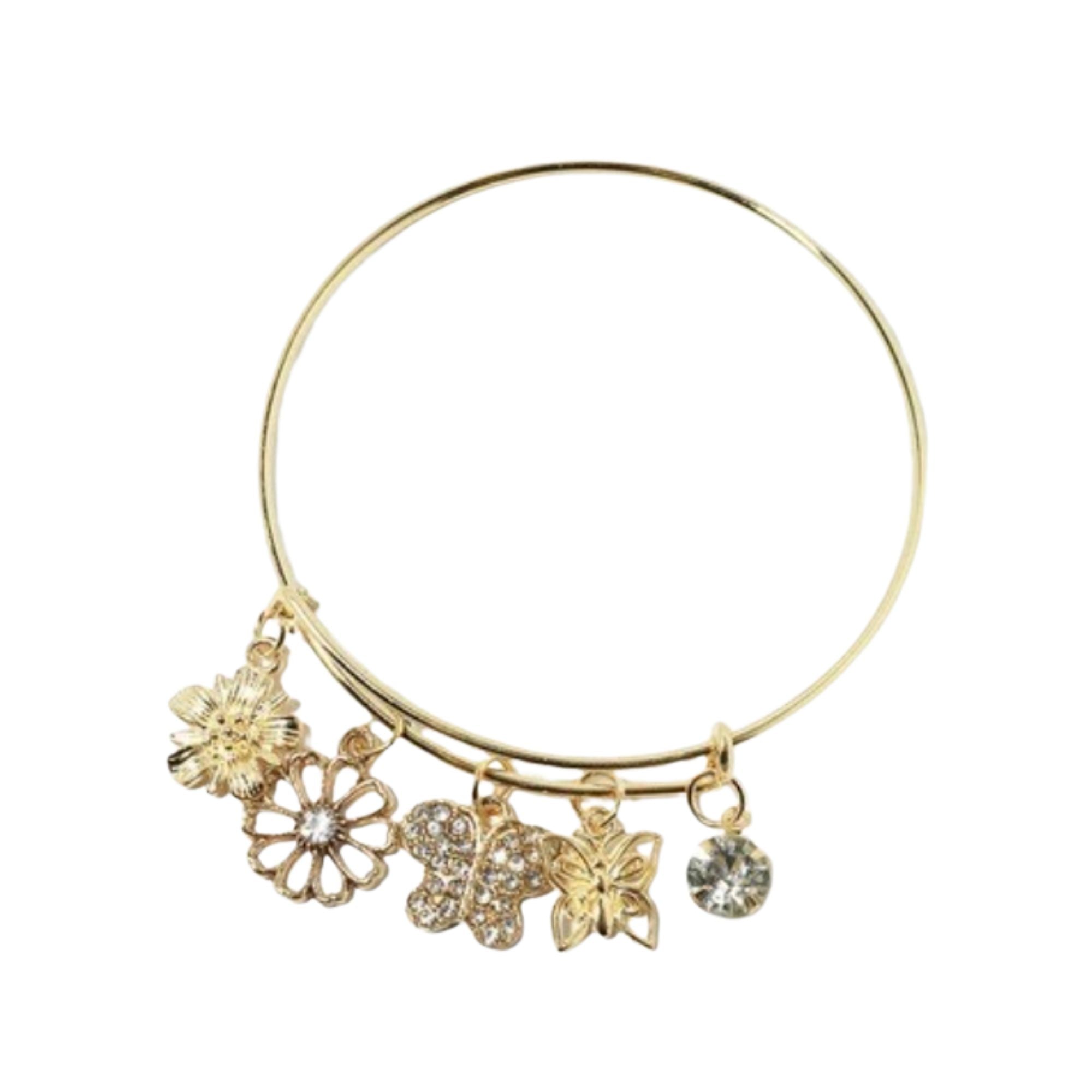 Butterfly and Floral Charm Bangle in Gold and Silver Tone