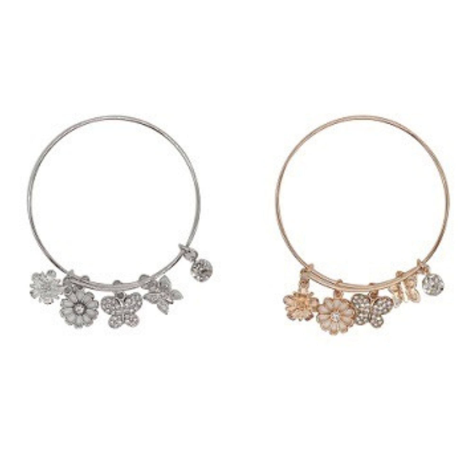 Butterfly and Floral Charm Bangle in Gold and Silver Tone