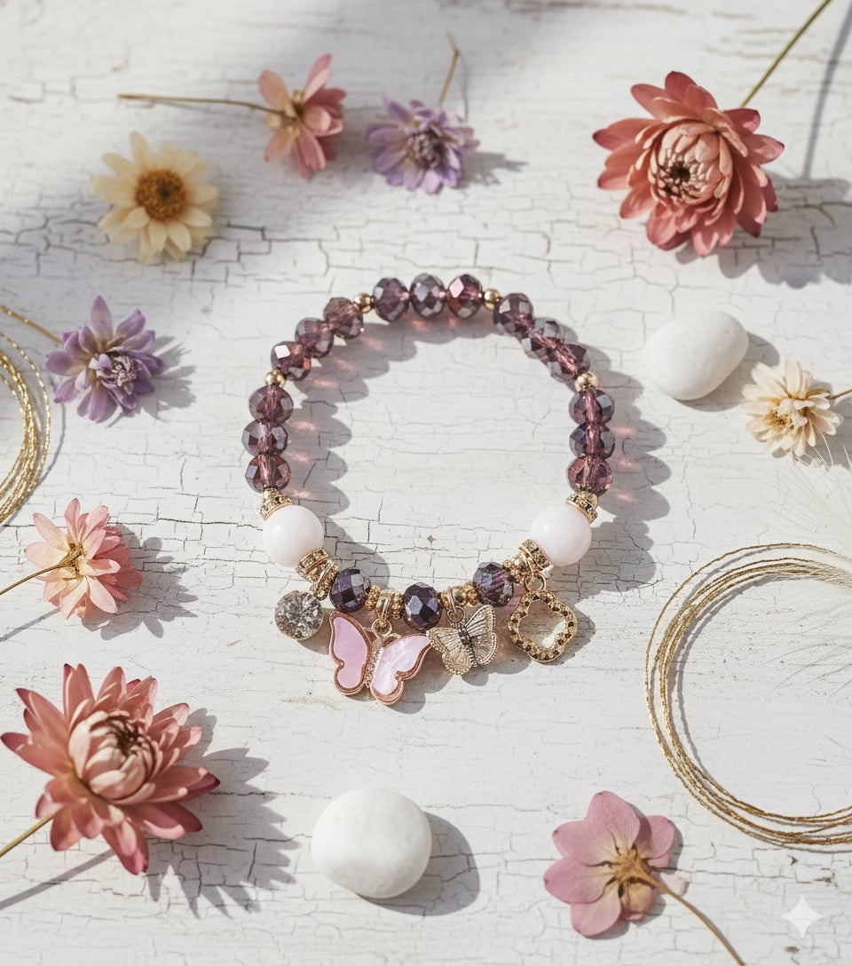 Fashion Amethyst & Pink Butterfly Charm Bracelet - Women Girls' Beaded Stretch Jewelry