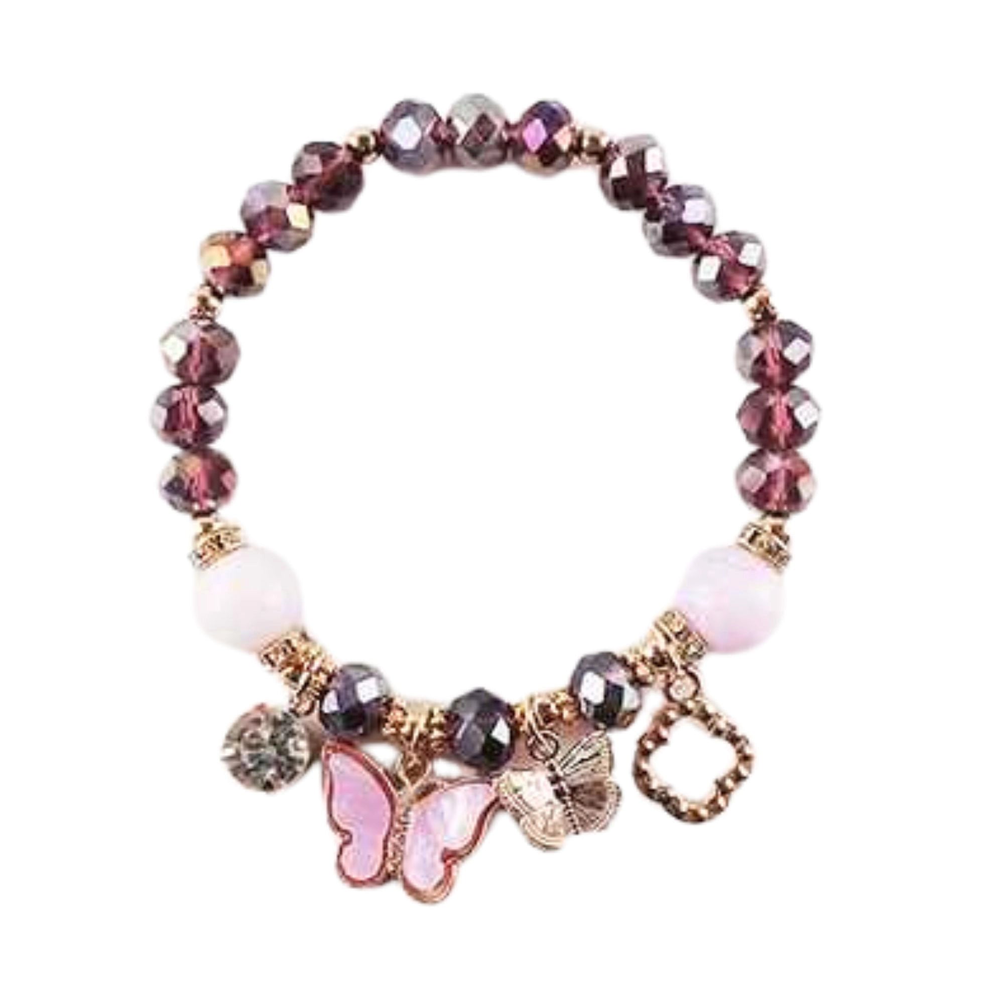 Fashion Amethyst & Pink Butterfly Charm Bracelet - Women Girls' Beaded Stretch Jewelry