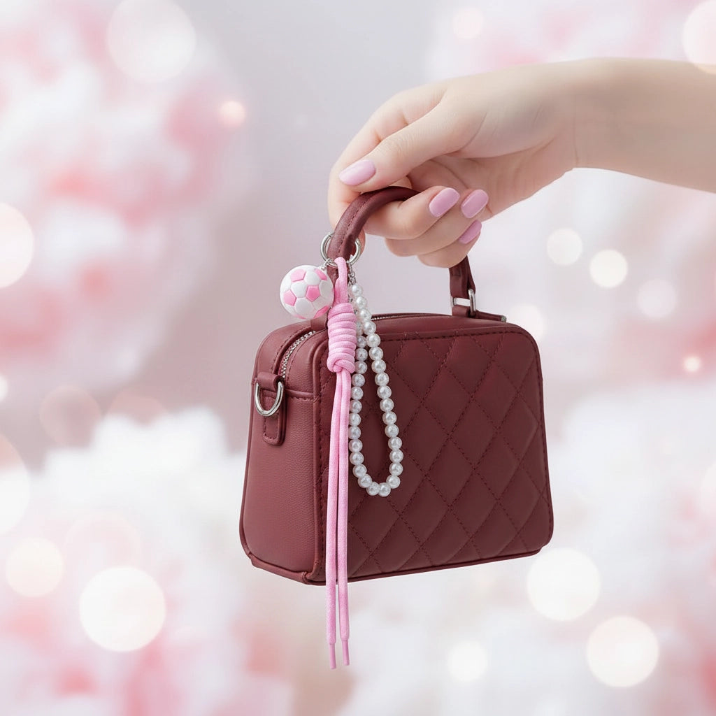 Soccer Ball Keychain with Braided Cord and Faux Pearl Strap – 25cm