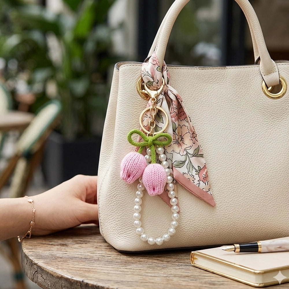 Handmade Crochet Tulip Keychain with Faux Pearl Wristlet Strap