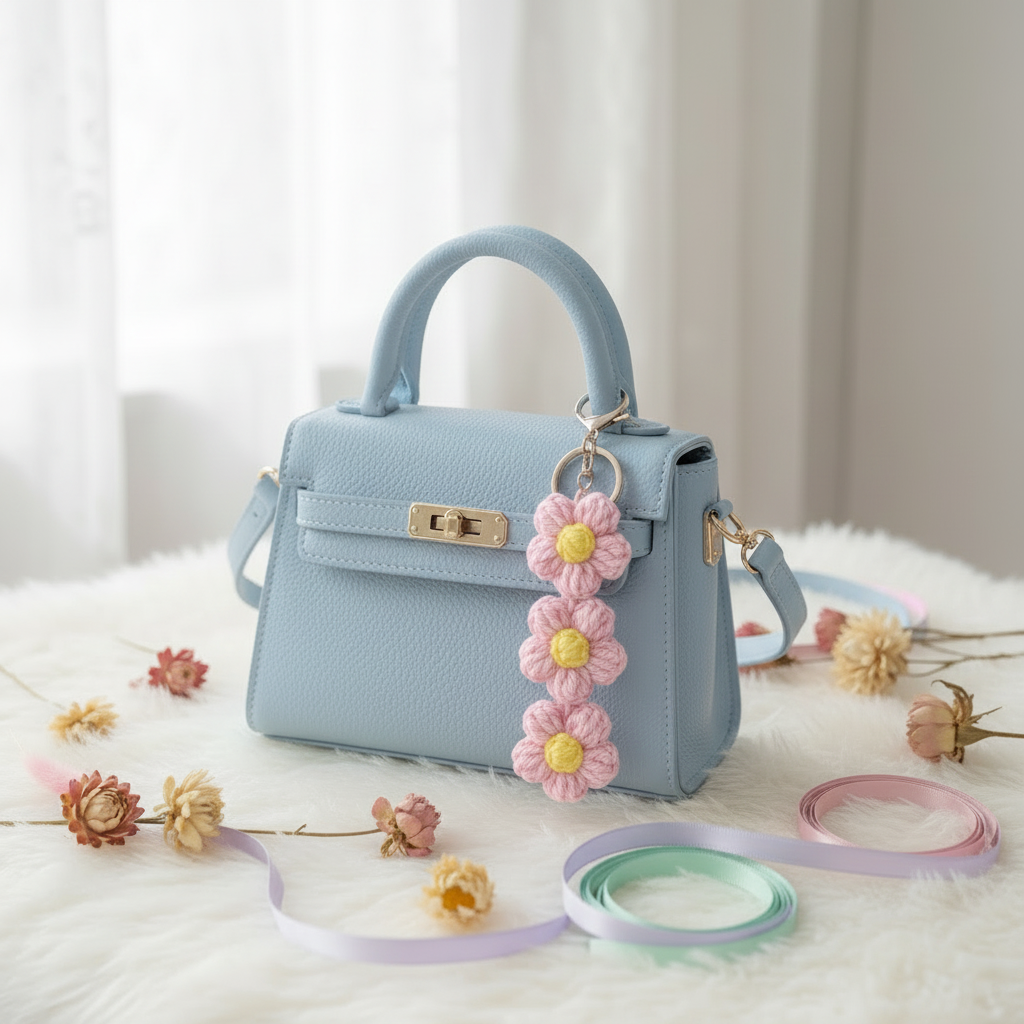 Handmade Crochet Flower Keychain (15cm) – Cute Knitted Floral Bag