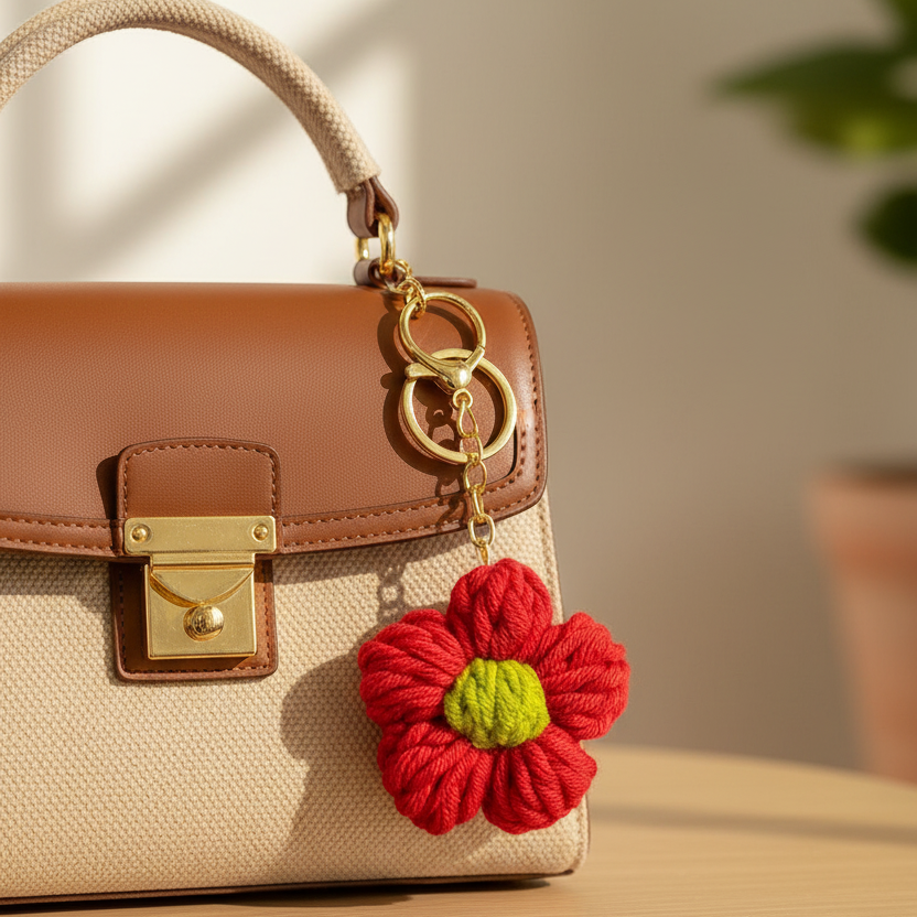 Handmade Crochet Flower Keychain - Colorful Yarn Petal Accessories