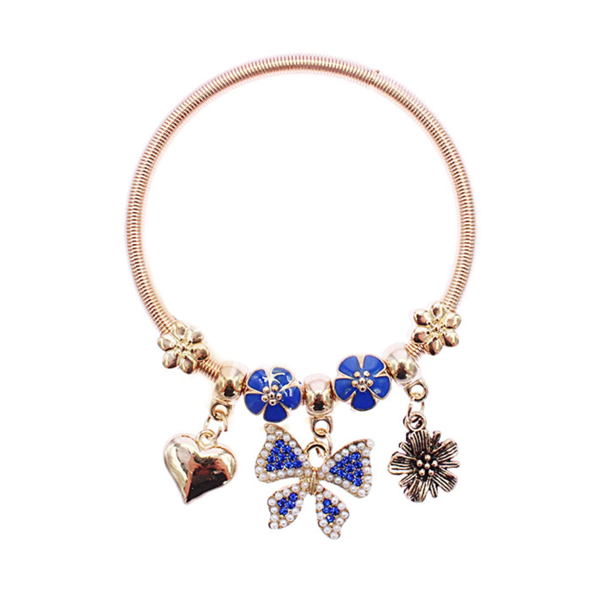 Dainty Multicolor Blossom Charm Bangle - Spring Wire Bracelet