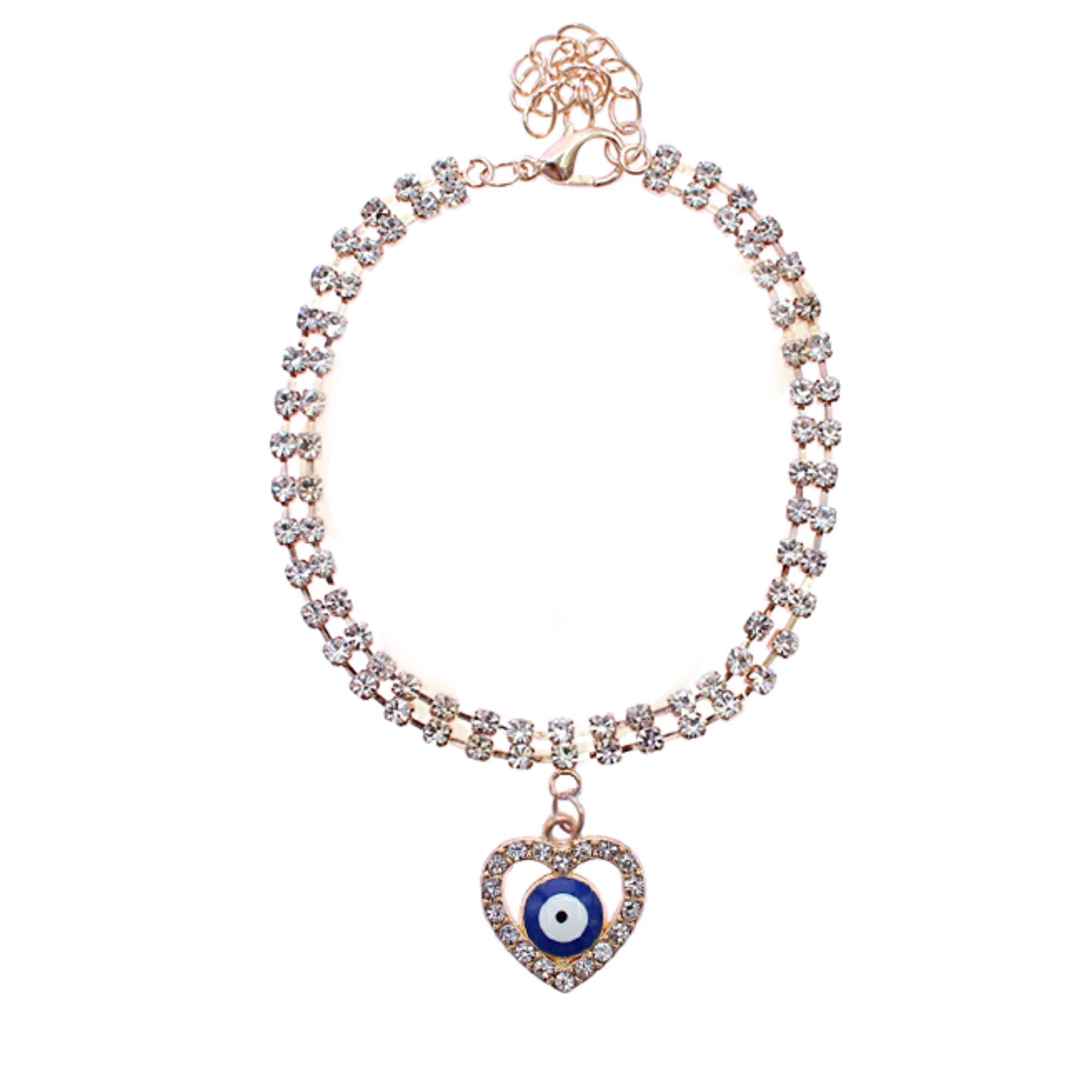 Fashion Rhinestone Evil Eye Heart Charm Bracelet