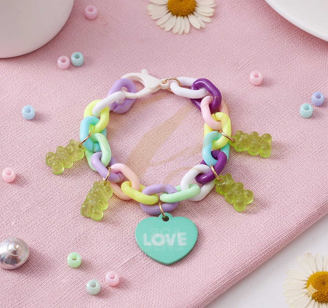 Pastel Gummy Bear and Heart Charm Bracelet