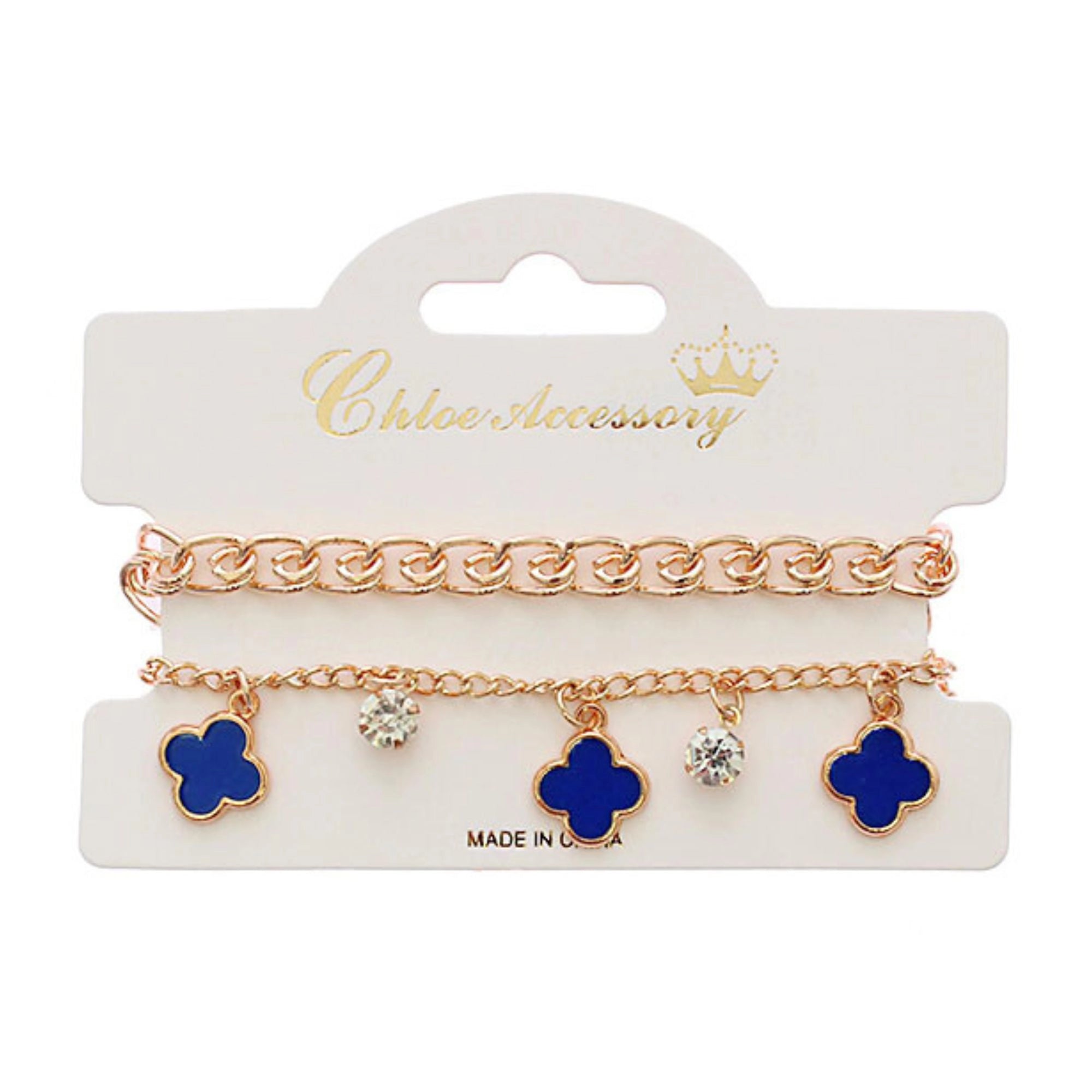 Fashion Jewelry Set Two-Piece Blue Clover and Crystal Stackable Bracelet