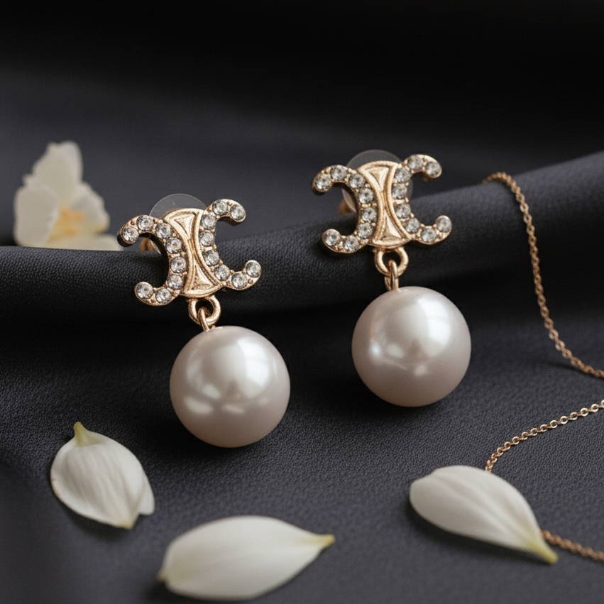 Luxury-Inspired Interlocking C Pearl Drop Earrings | Silver / Gold-Tone Rhinestone Dangles