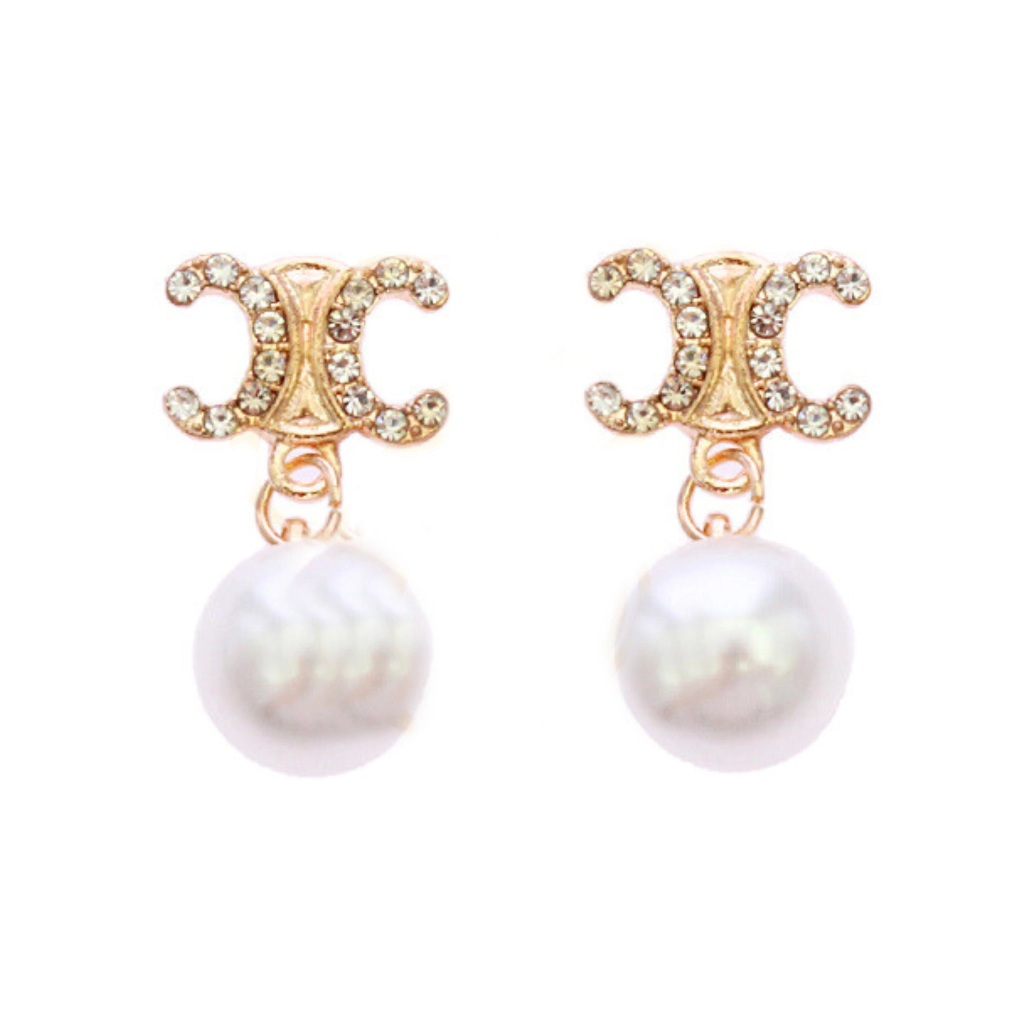 Luxury-Inspired Interlocking C Pearl Drop Earrings | Silver / Gold-Tone Rhinestone Dangles