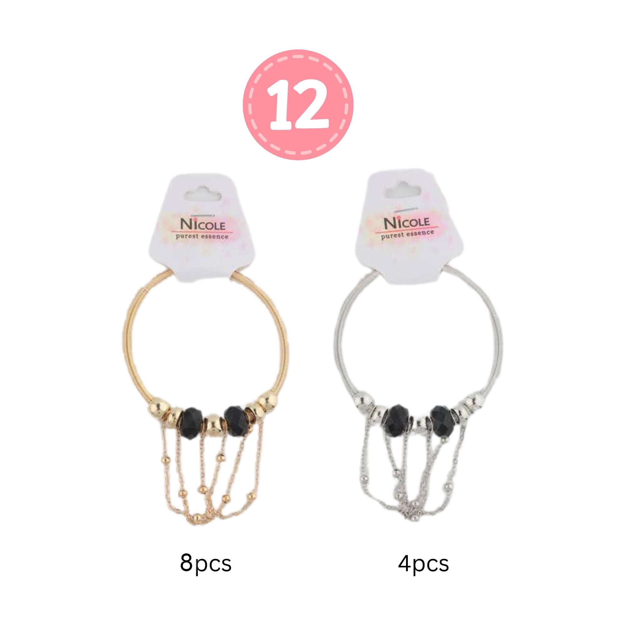 Modern Boho Gold/Silver Tone Wire Bangle | Black Facet Beads & Dangle Chain Fringe Cuff Bracelet