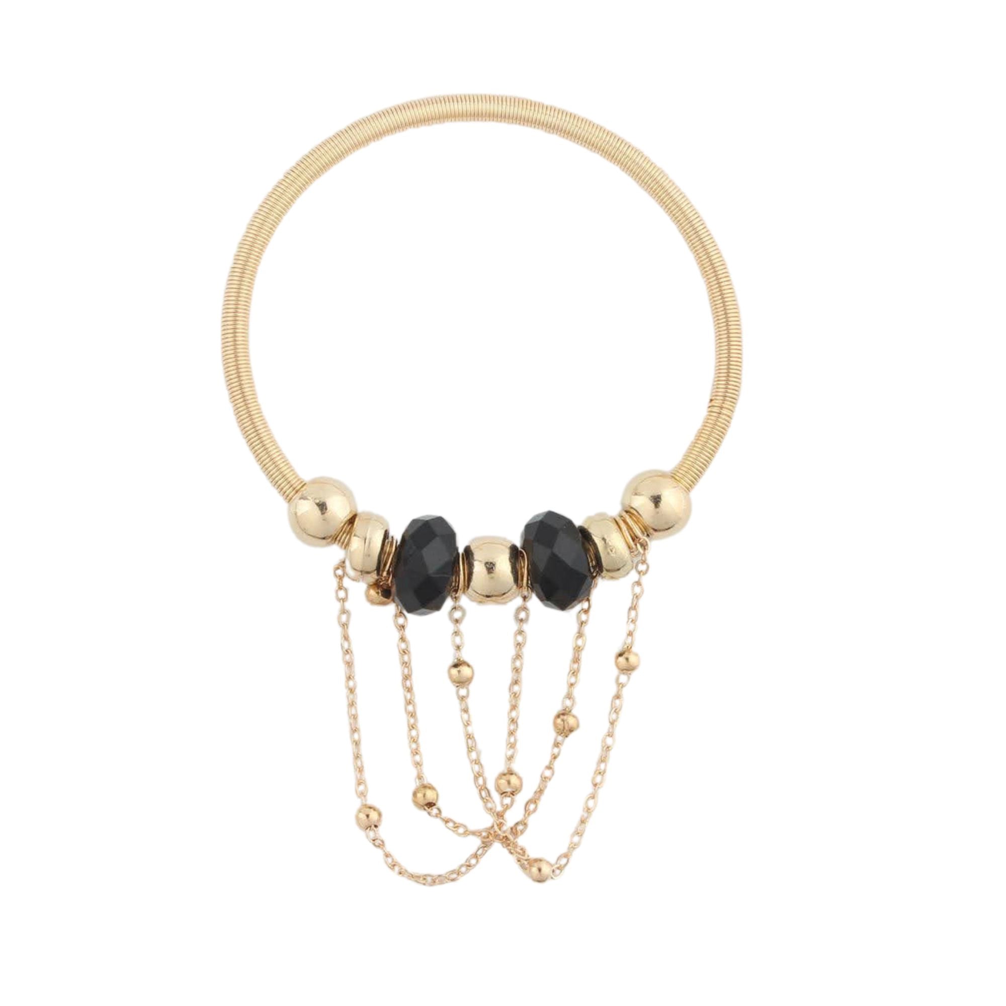 Modern Boho Gold/Silver Tone Wire Bangle | Black Facet Beads & Dangle Chain Fringe Cuff Bracelet