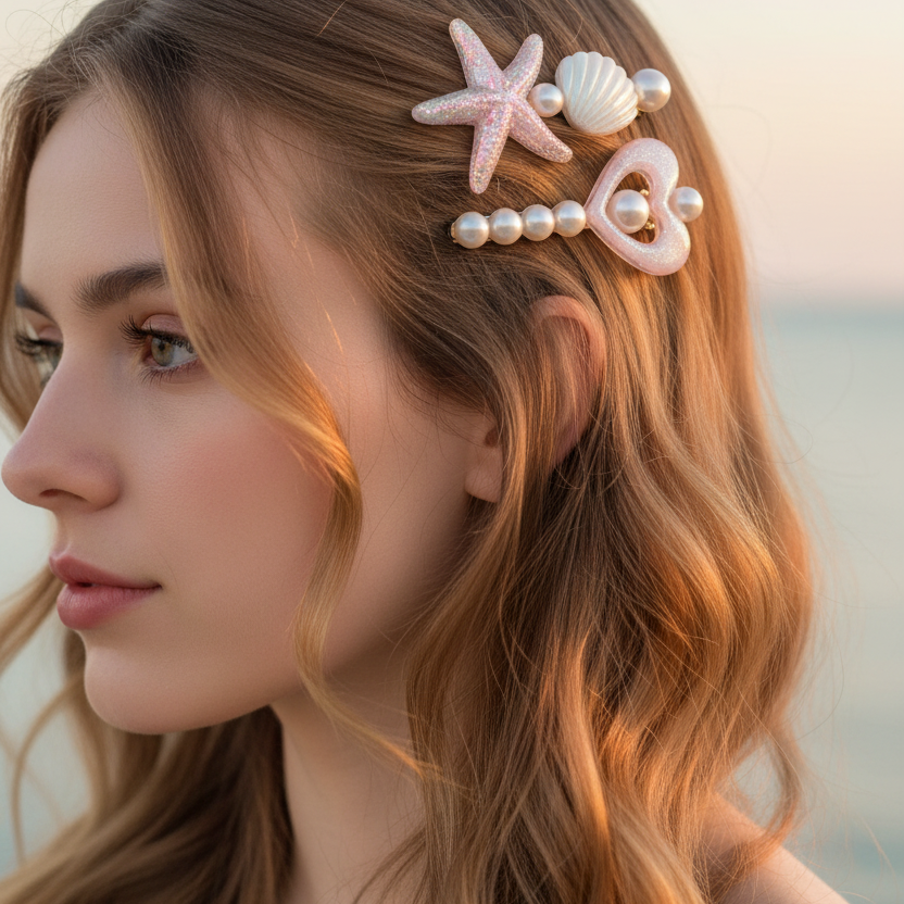 Pastel Mermaid Hair Clips Set - 2 Pcs Shell and Starfish Pearl