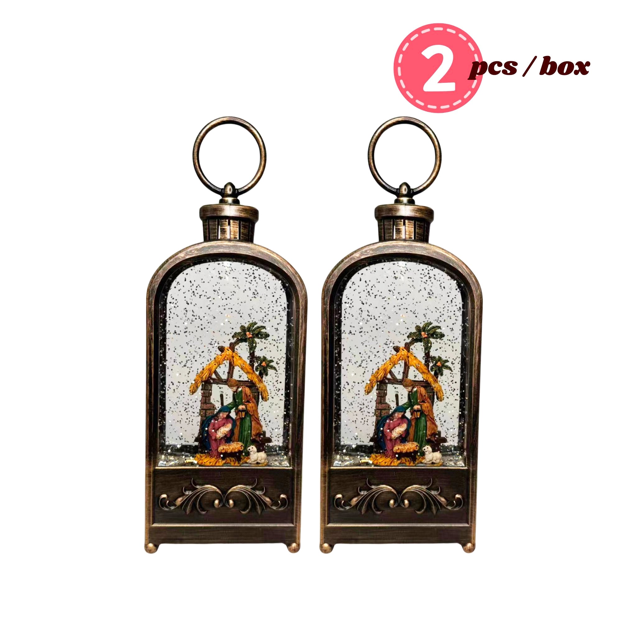 2pc/Box Bronze Lighted Water Lanterns with Nativity Scene | Hanging Snow Globe Christmas Decor