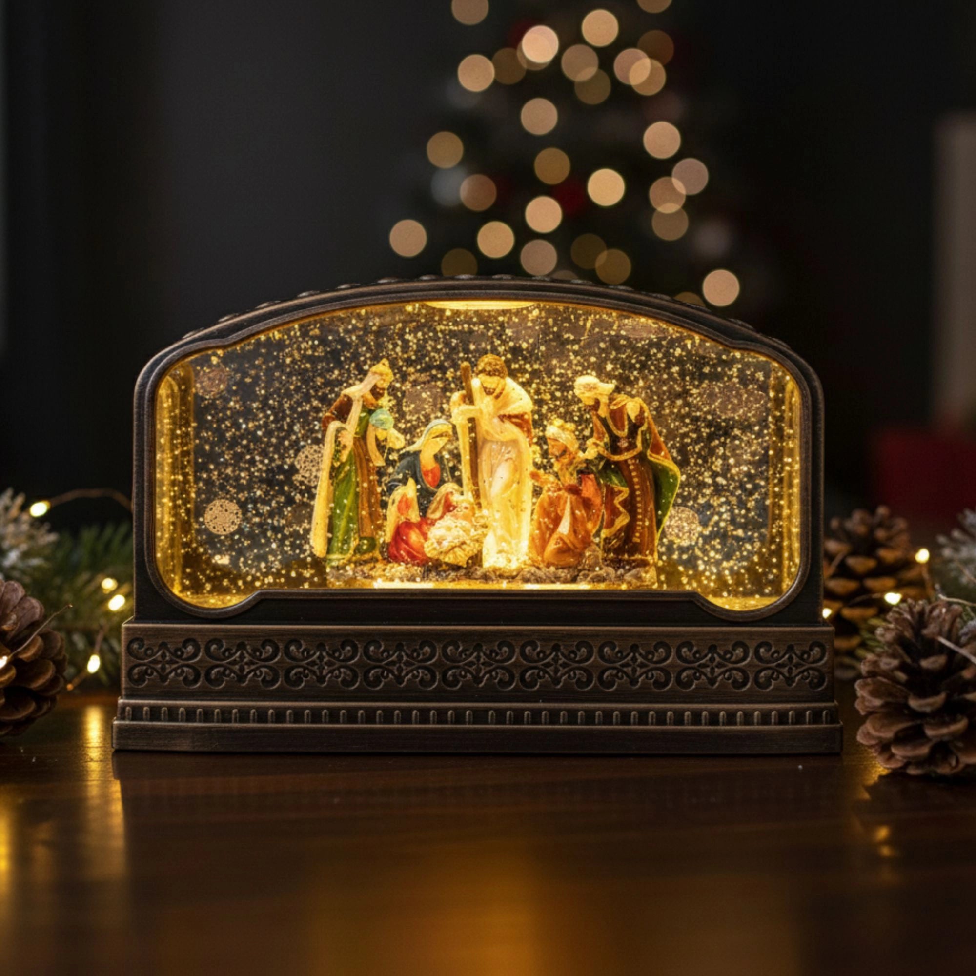 2pc/Box Elegant 11-Inch Wide Horizontal Nativity Snow Water Lantern | LED Lighted Glitter Swirl Christmas Decor