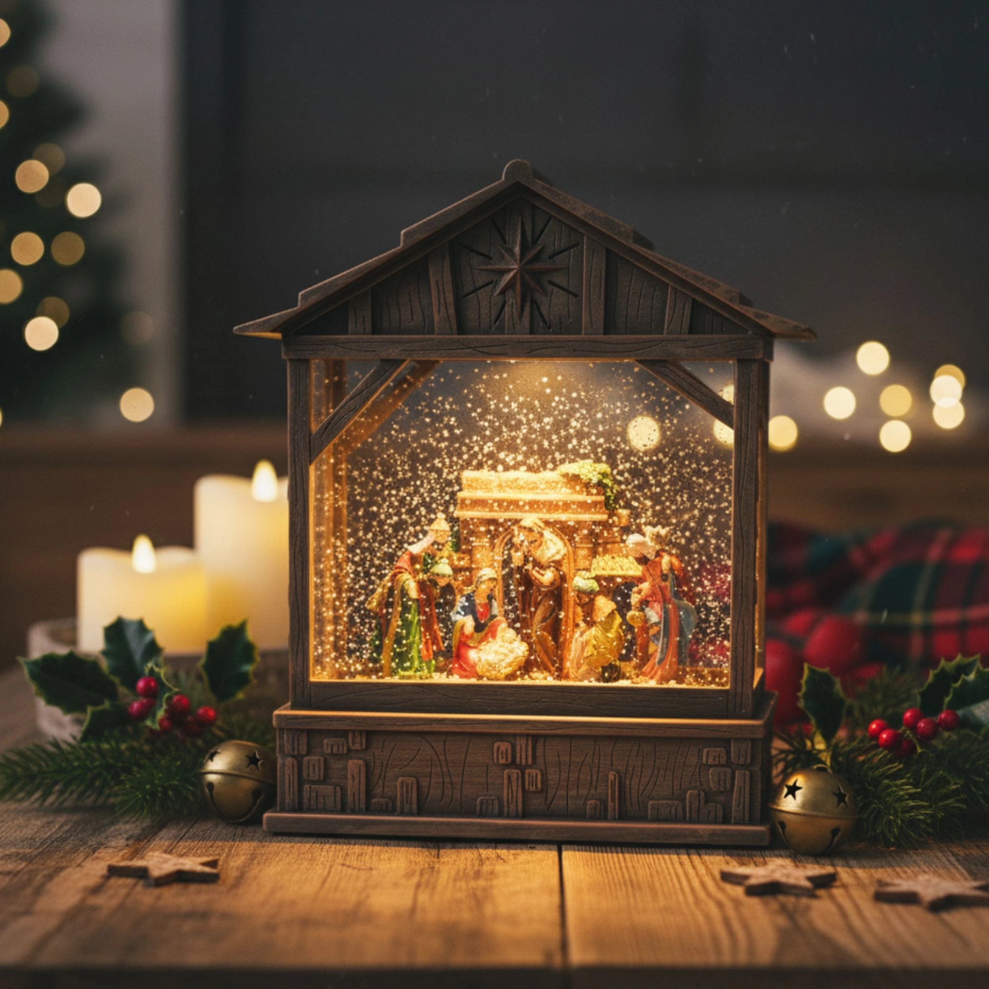 2pc/Box Vintage Nativity Swirling Glitter Water Lantern | LED Christmas Decor