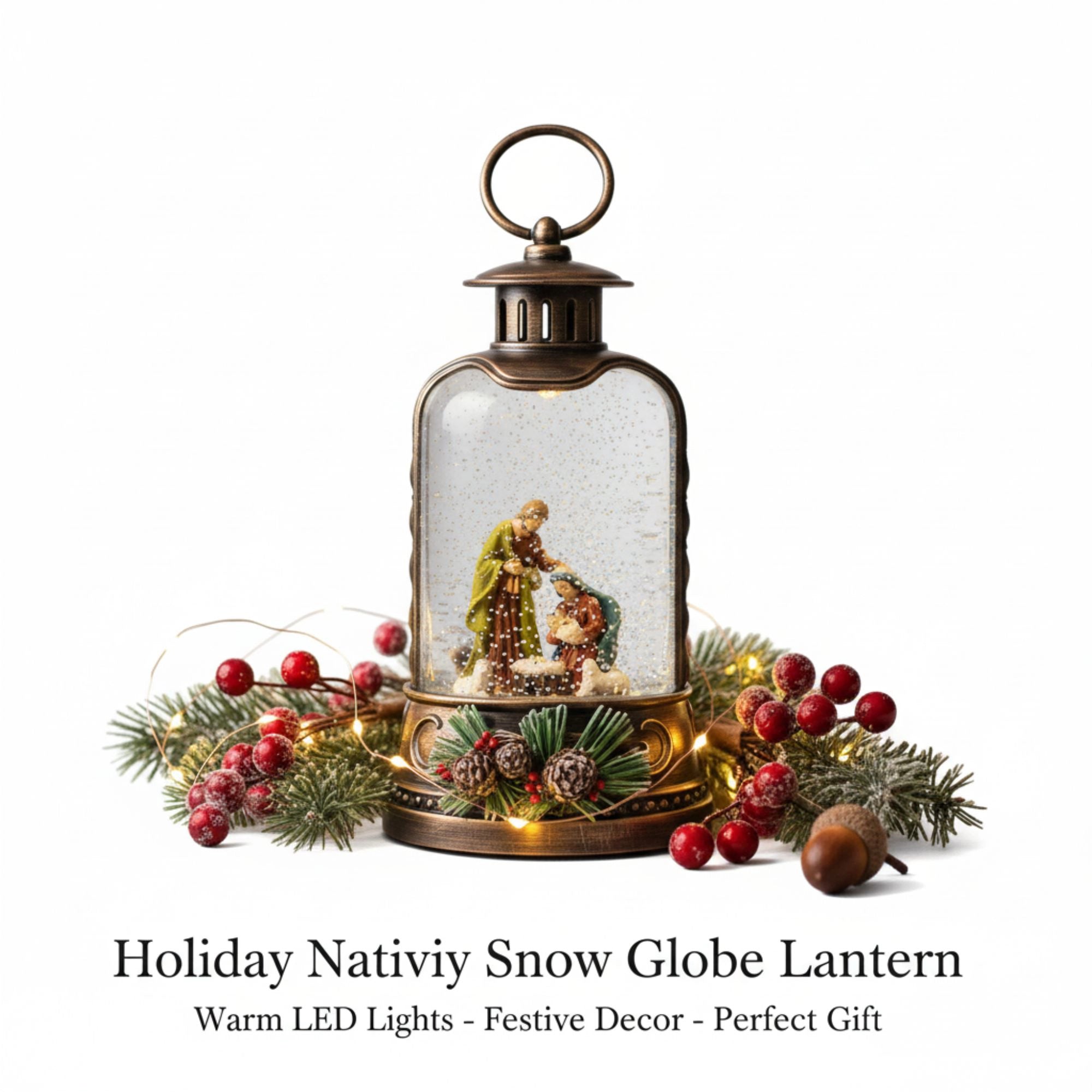 2pc/Box Lighted Nativity Water Lantern: Holy Family Glitter Snow Globe
